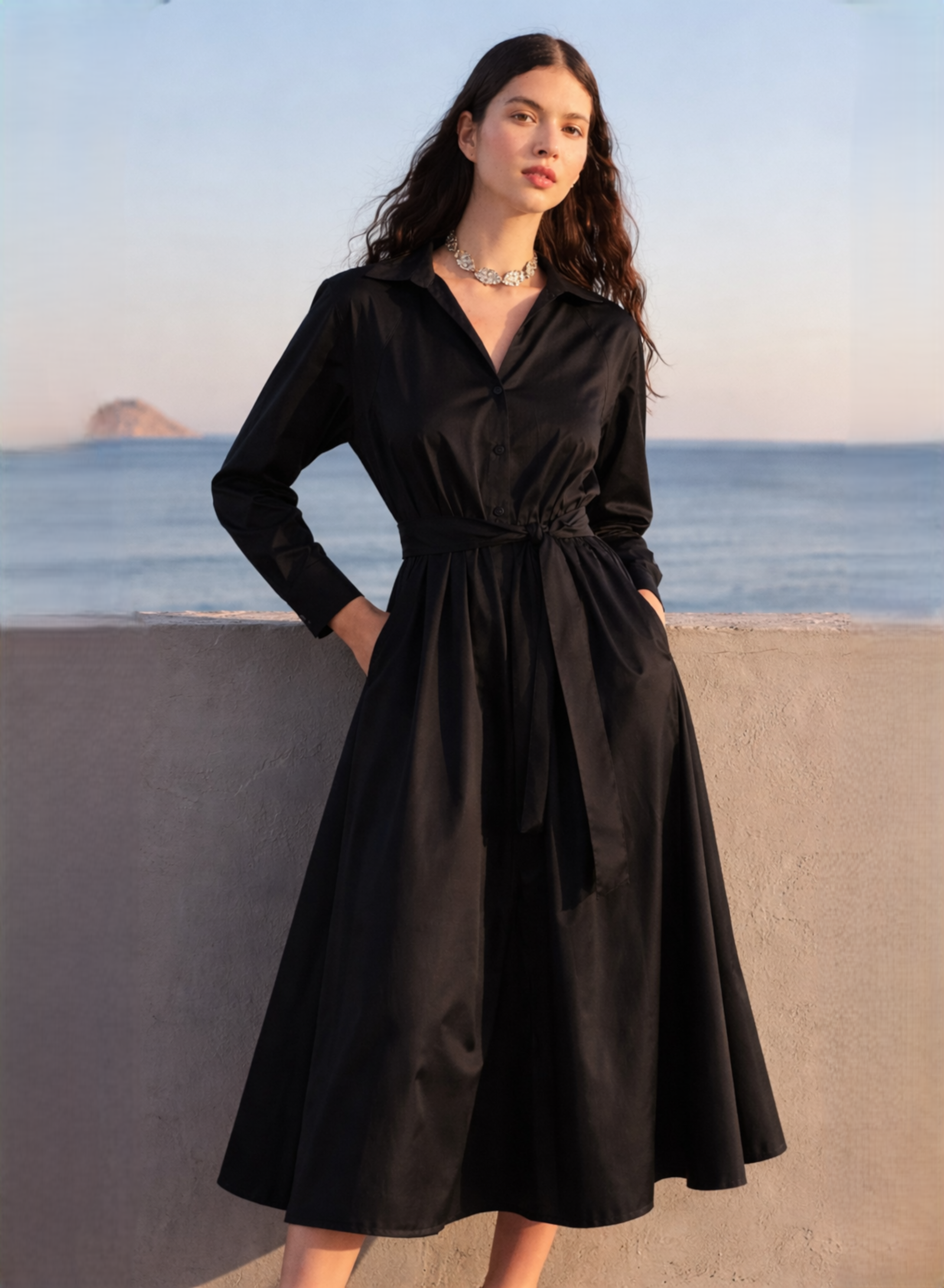 Μαύρο Φόρεμα ποπλίνα με ζώνη με γιακά και με V λαιμόκοψη "MEADOW" Devotion Twins - 0