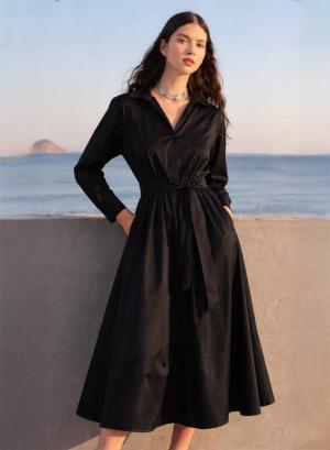 Μαύρο Φόρεμα ποπλίνα με ζώνη με γιακά και με V λαιμόκοψη "MEADOW" Devotion Twins - 55257