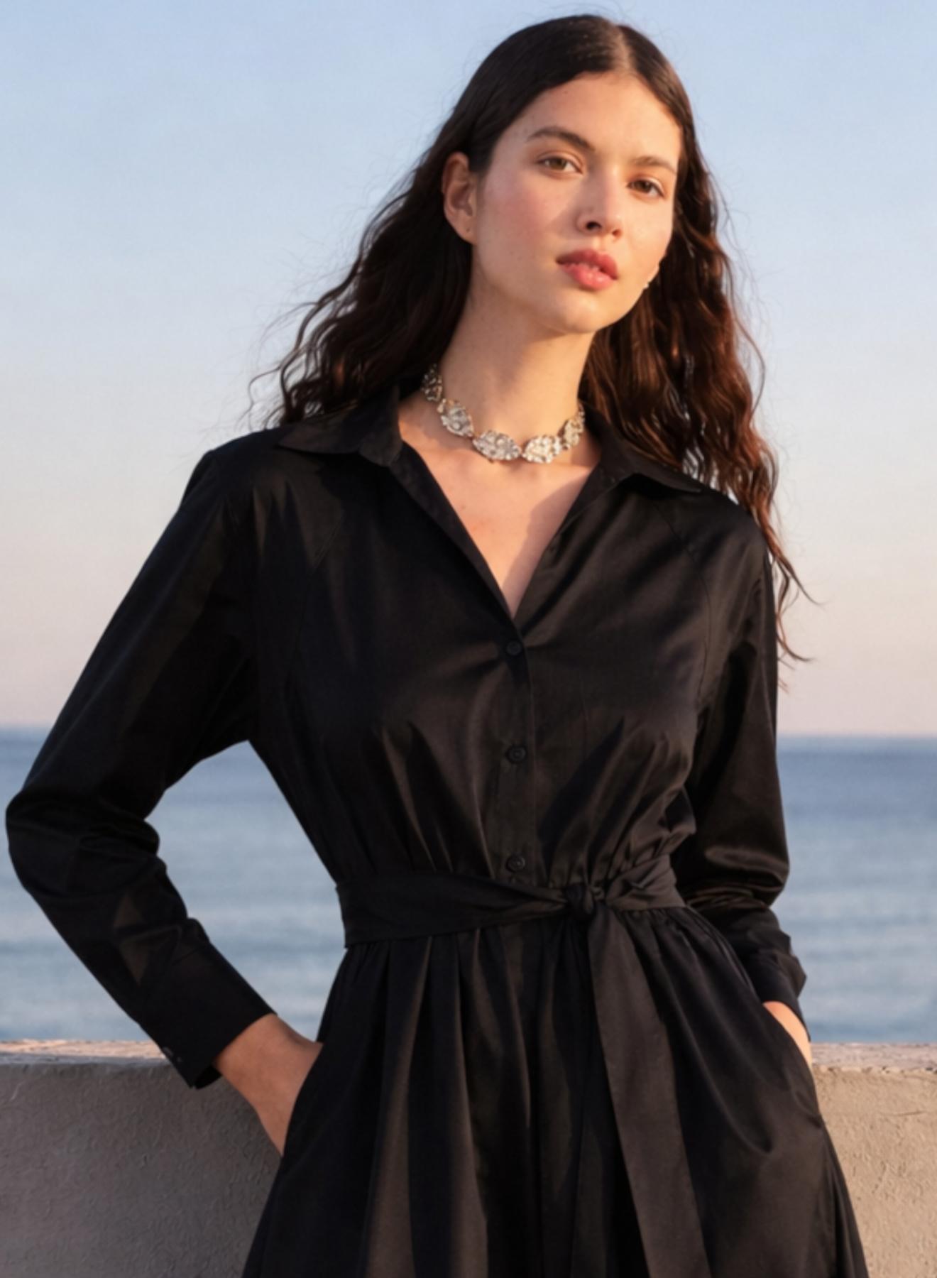 Μαύρο Φόρεμα ποπλίνα με ζώνη με γιακά και με V λαιμόκοψη "MEADOW" Devotion Twins - 3