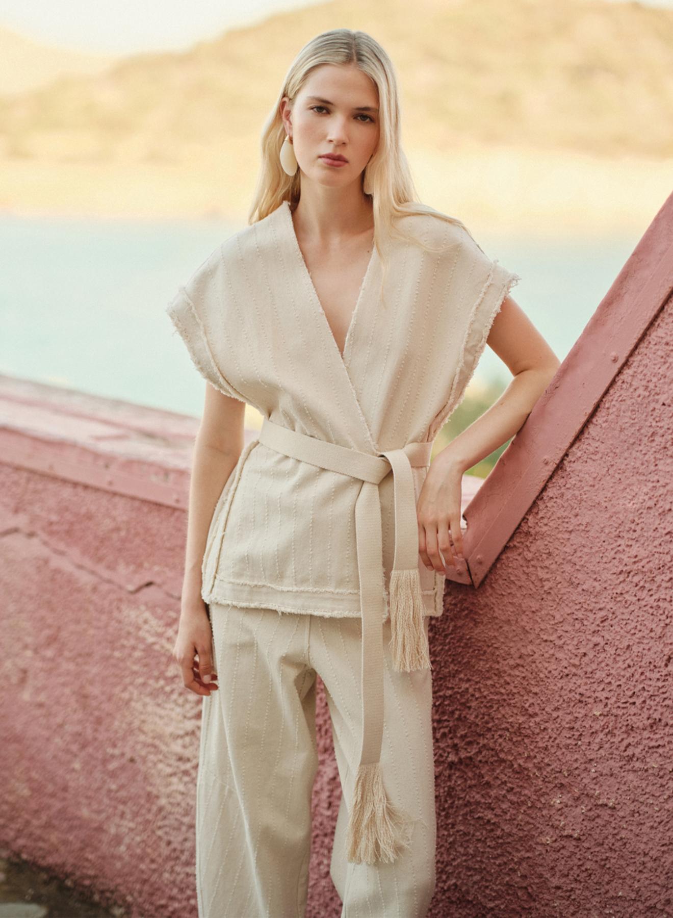 Off White βαμβακερό Παντελόνι με λάστιχο και κορδόνι στη μέση BULL 2 "HIBISCUS" Devotion Twins - 4