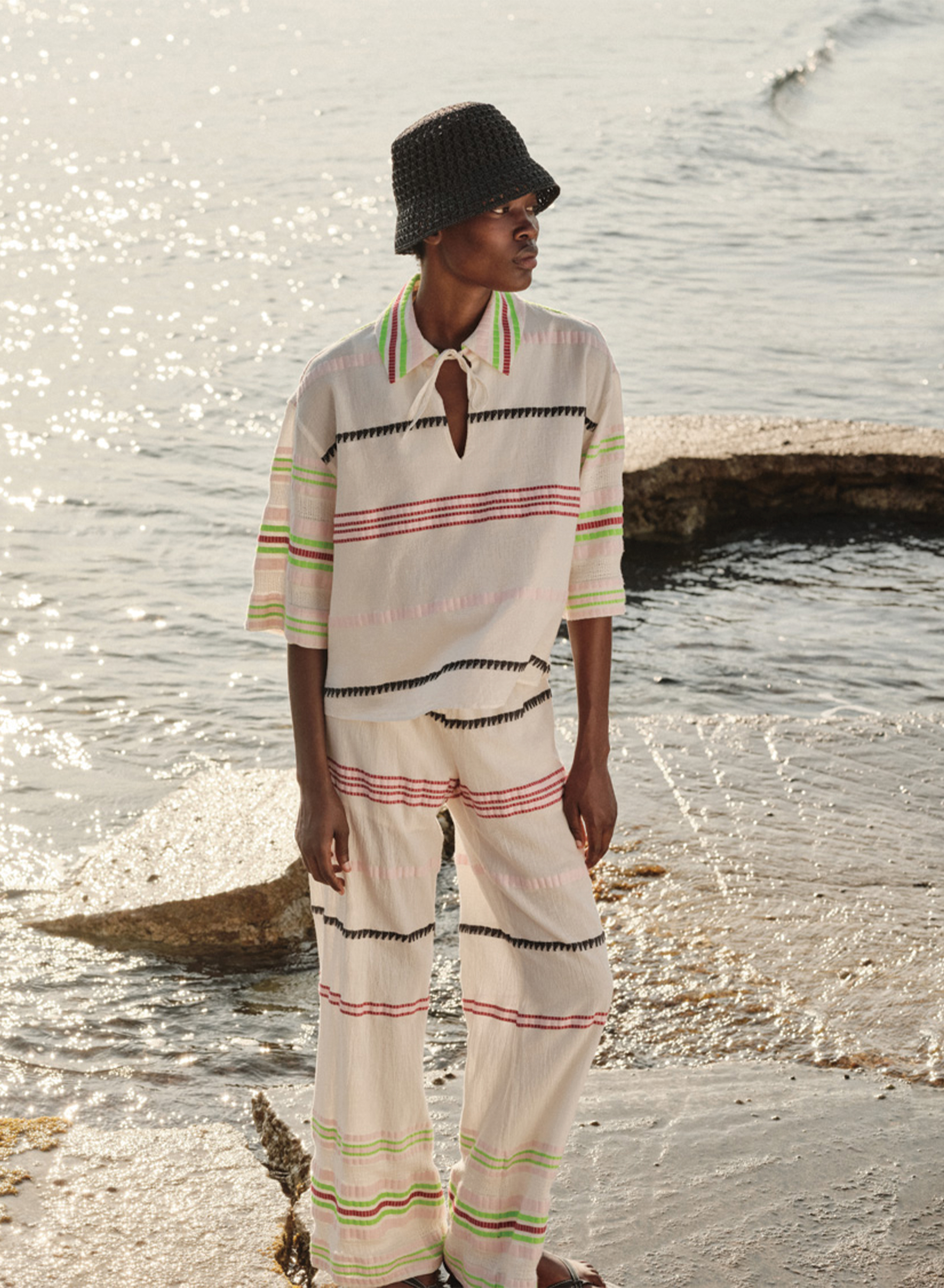 Off White Jacquard Pants "VELOURA" Devotion Twins - 1