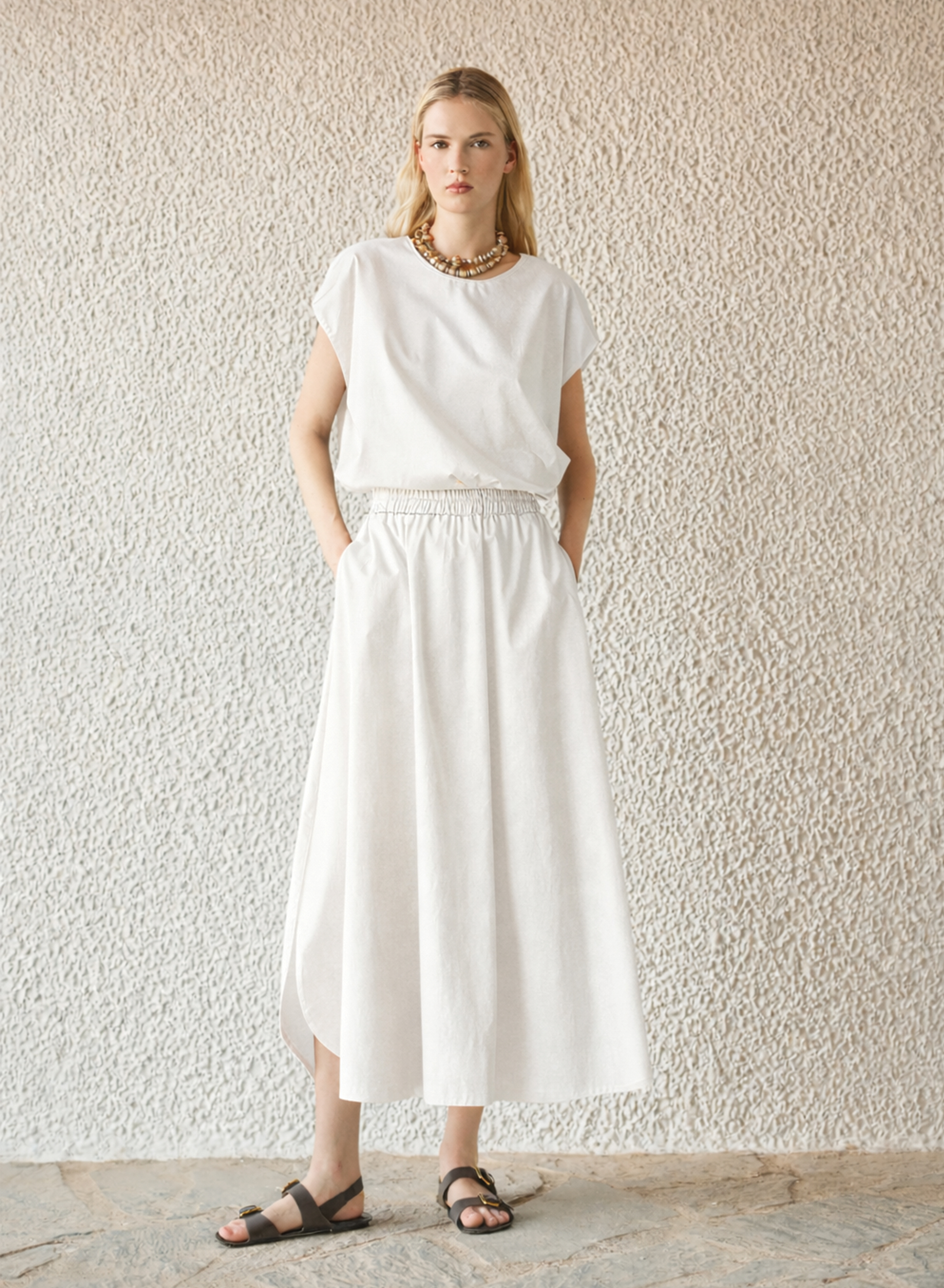 White popline Skirt with elasticated waistmand and rounded hem with side slits "VERVE" Devotion Twins - 2