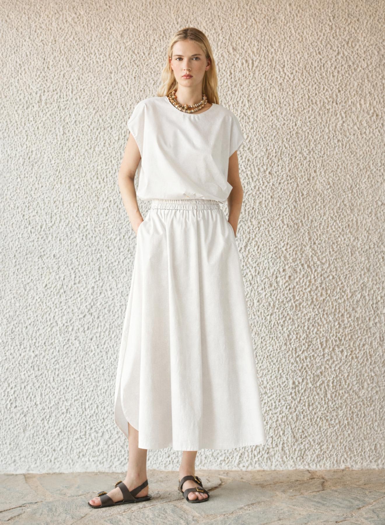 White popline Skirt with elasticated waistmand and rounded hem with side slits "VERVE" Devotion Twins - 3