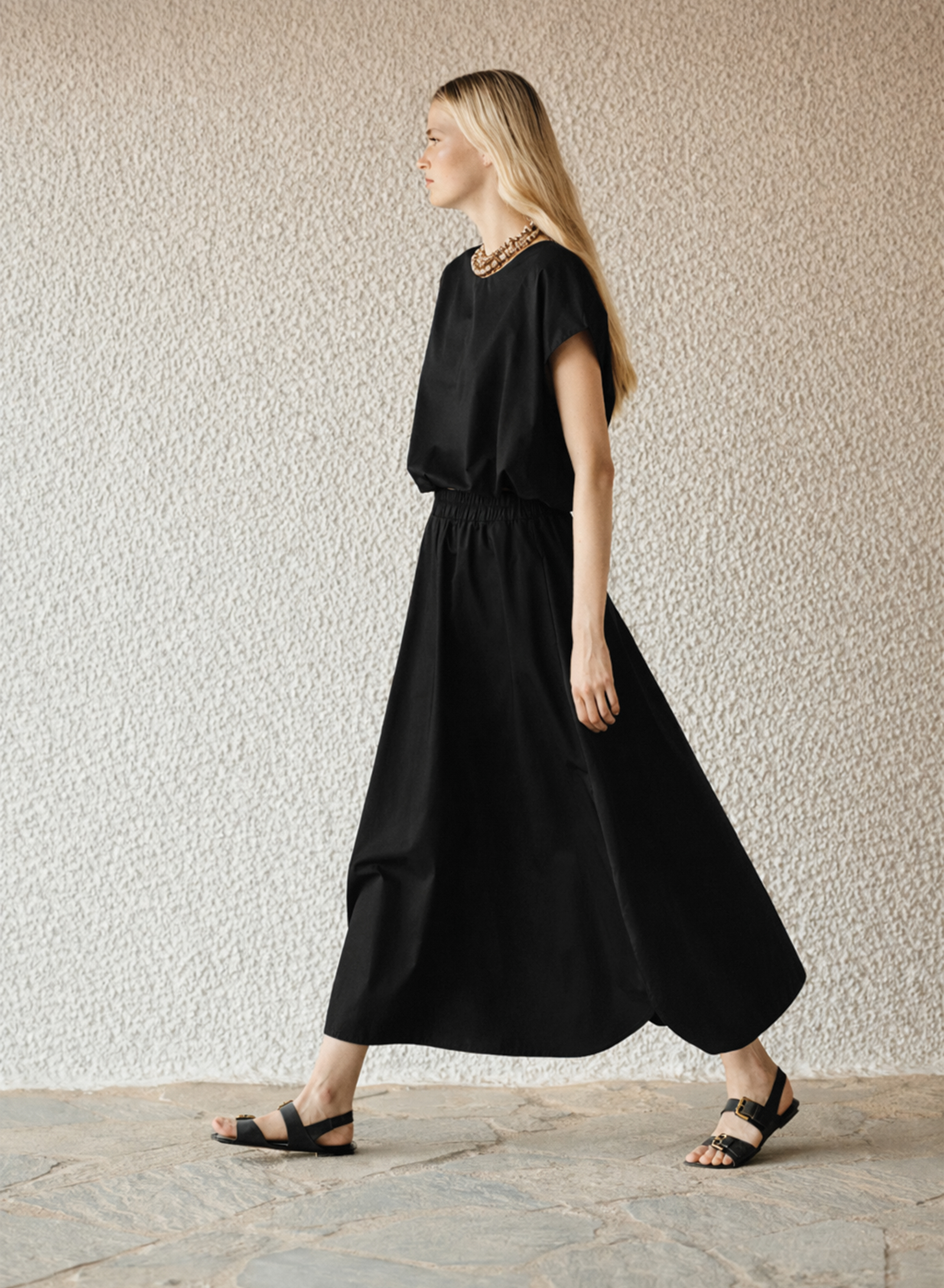 Black popline Skirt with elasticated waistmand and rounded hem with side slits "VERVE" Devotion Twins - 0