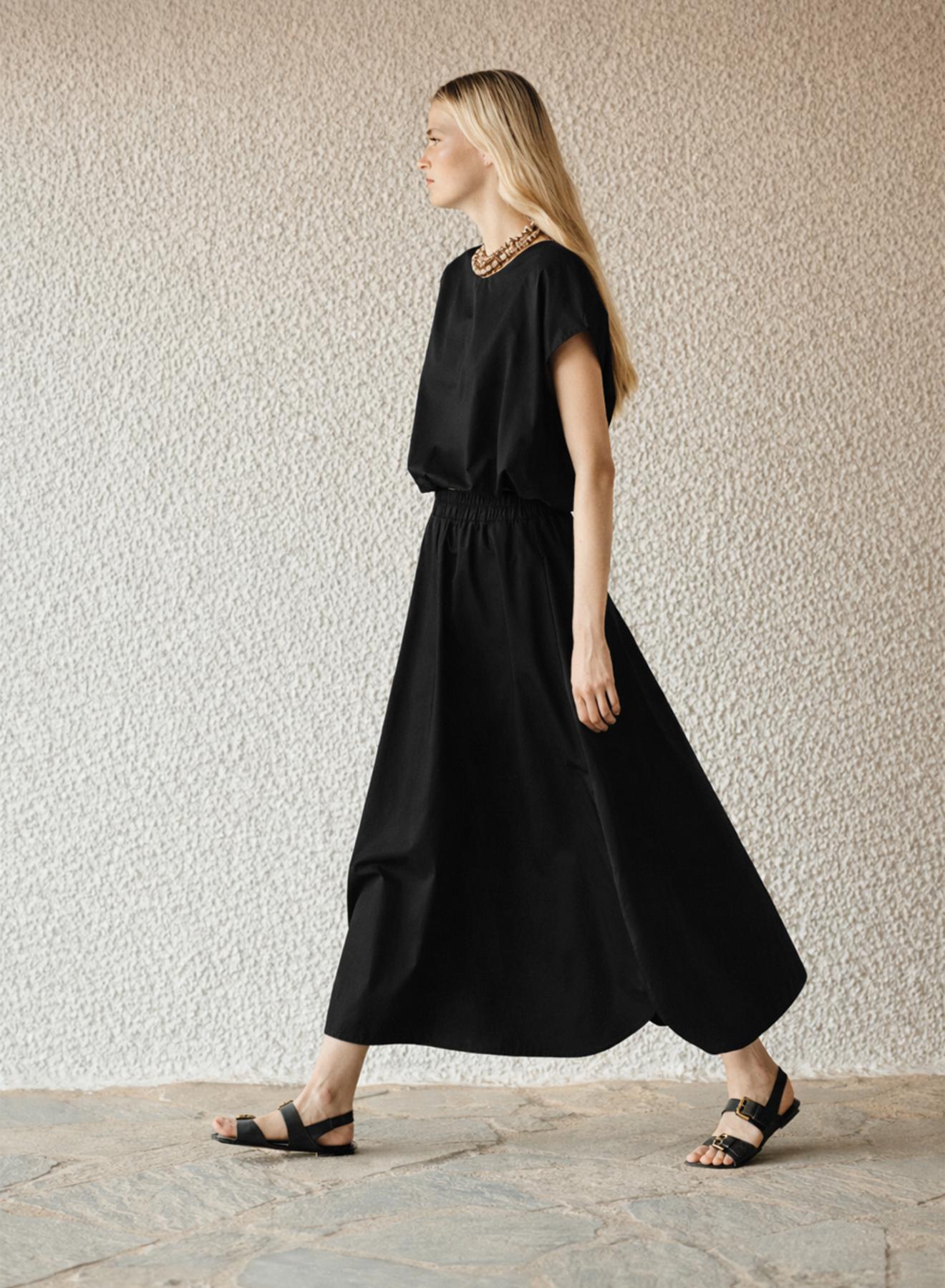 Black popline Skirt with elasticated waistmand and rounded hem with side slits "VERVE" Devotion Twins - 1