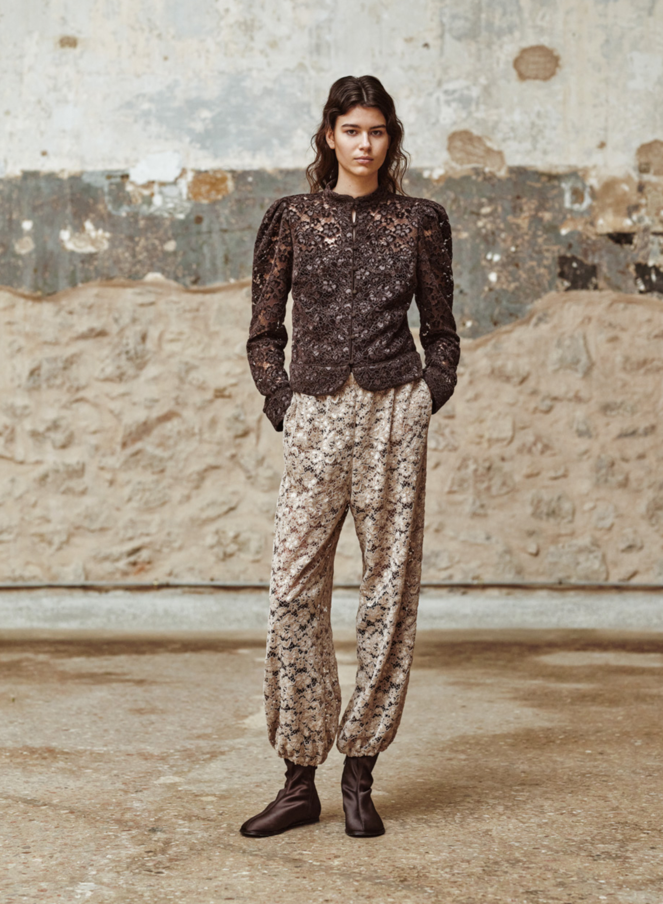 Beige lace Trousers with elasticated waistband and ankles "OPALINE" Devotion Twins - 0