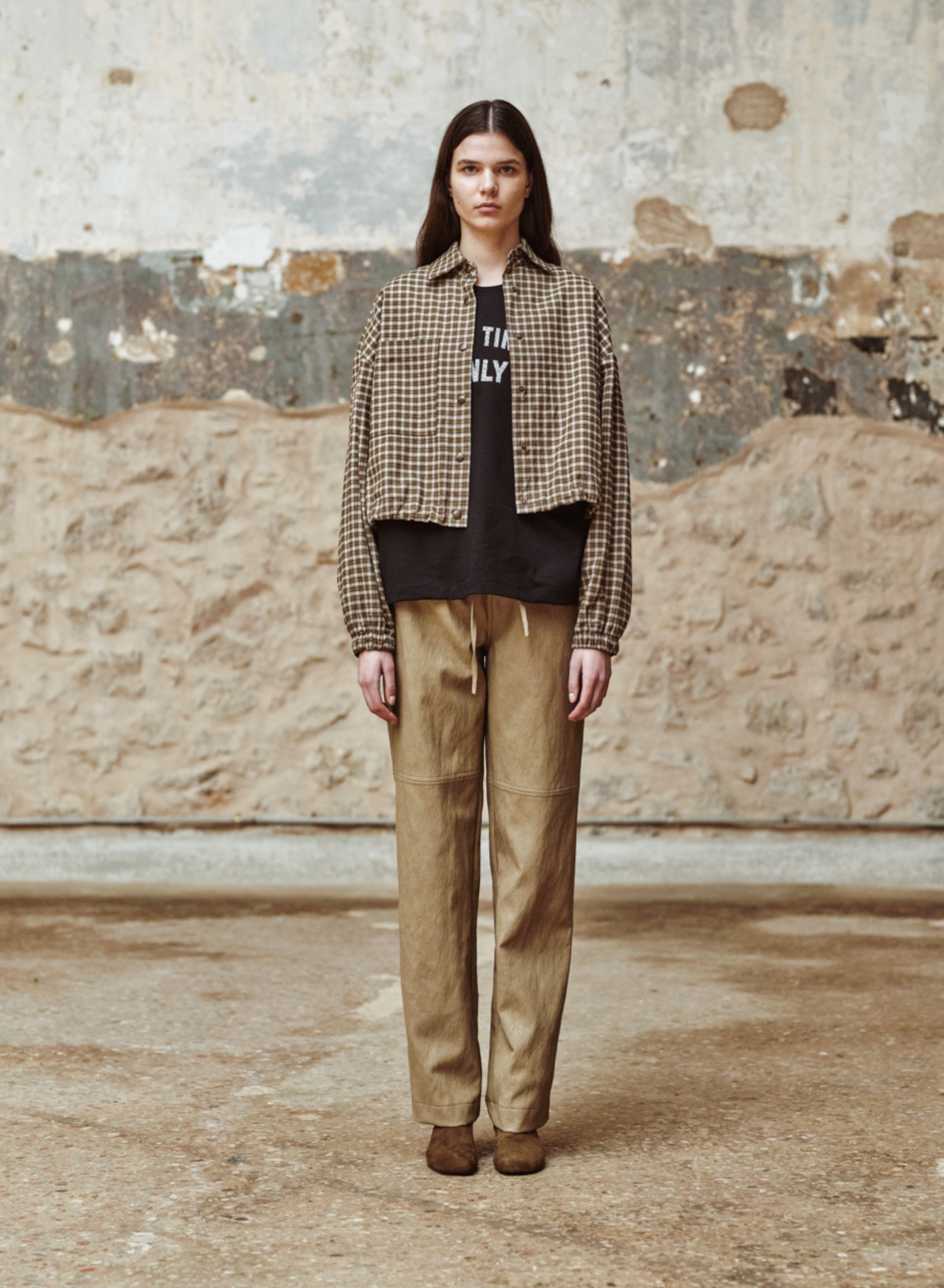 Beige eco leather Trousers with elasticated waistband with drawstring "CHARLOTTE" Devotion Twins - 1