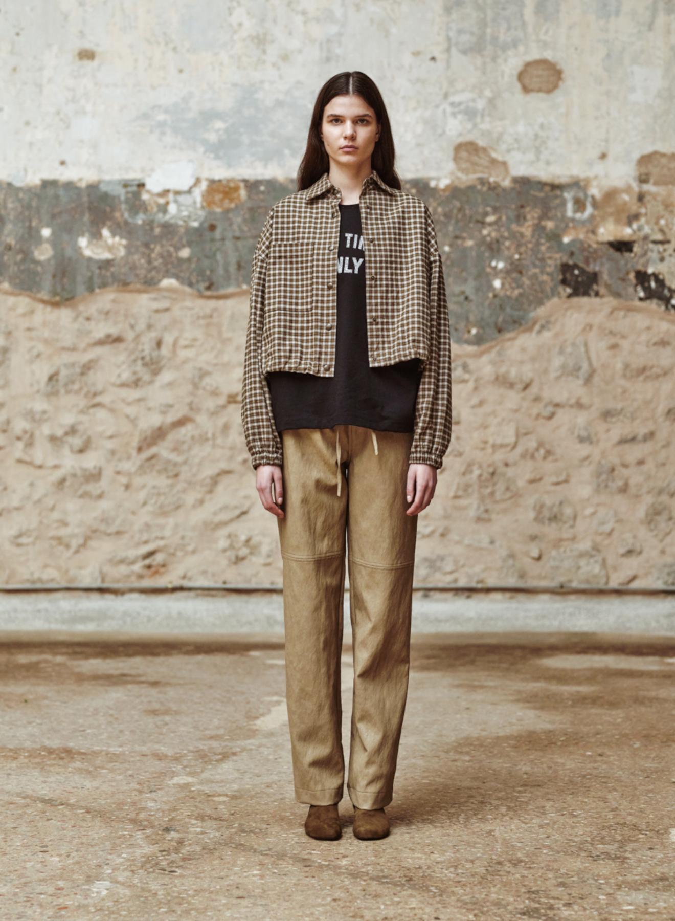 Beige eco leather Trousers with elasticated waistband with drawstring "CHARLOTTE" Devotion Twins - 2