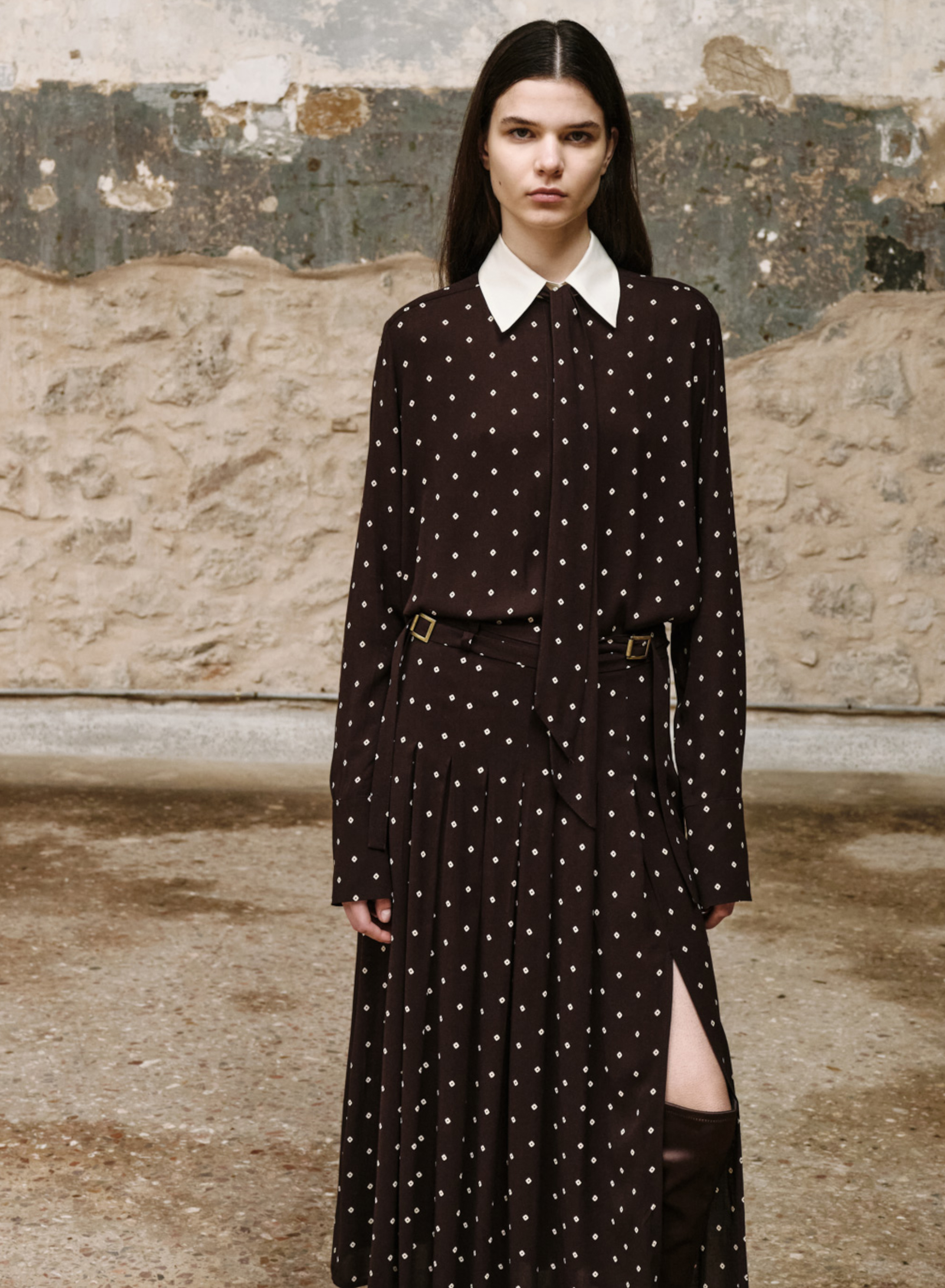 Chocolate printed Skirt with pleats and with belt "ELANCE" Devotion Twins - 1