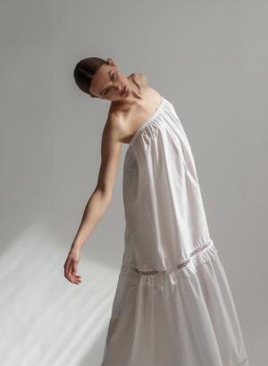Βαμβακερό μακρύ στράπλες φόρεμα με δαντέλα - 20459