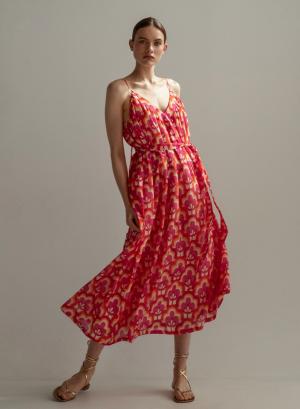 Long cotton dress with flowers print and belt - 19774
