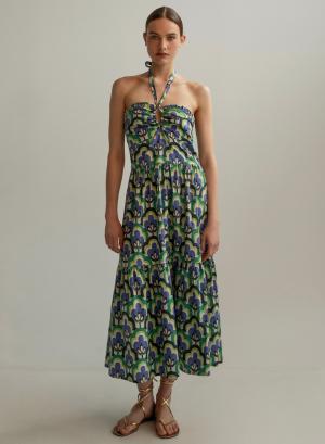 Long cotton halter dress with flowers print and belt - 19808