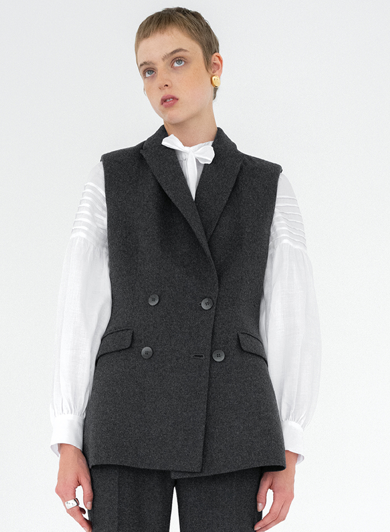 Grey long double breasted Vest with lapels Milla - 1