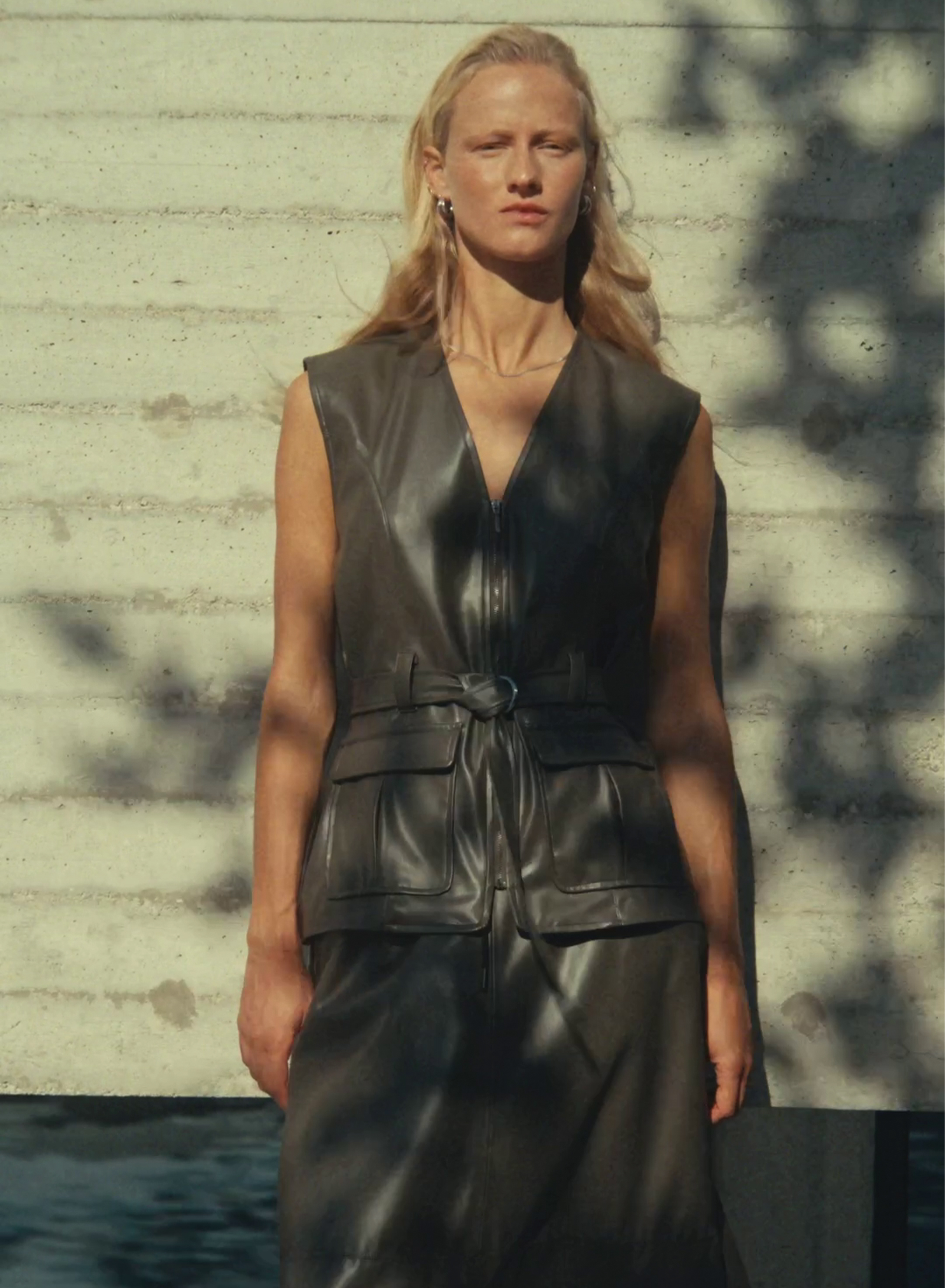 Chocolate eco leather Vest with belt and with patch pockets Milla - 1