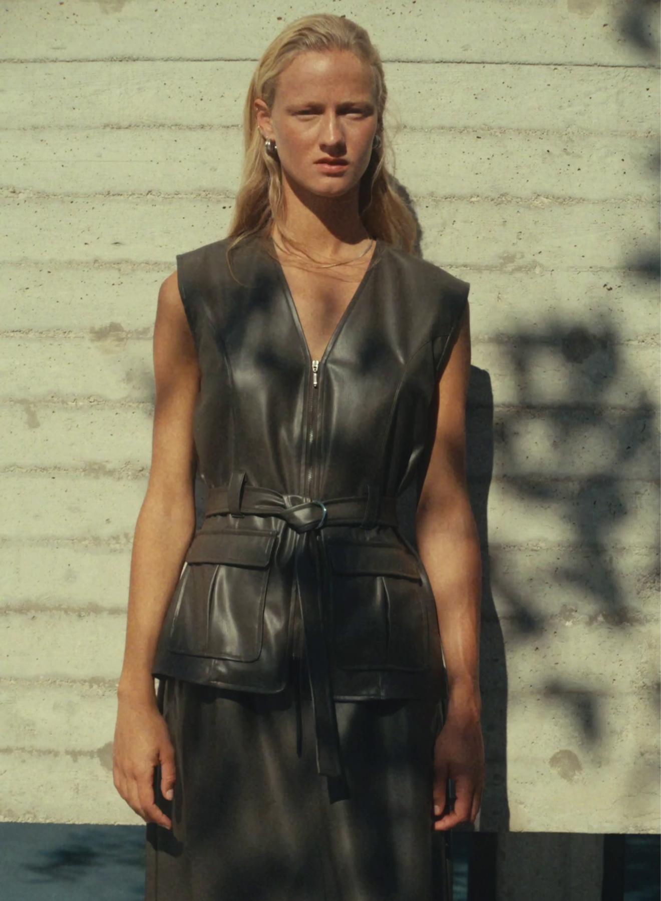 Chocolate eco leather Vest with belt and with patch pockets Milla - 1