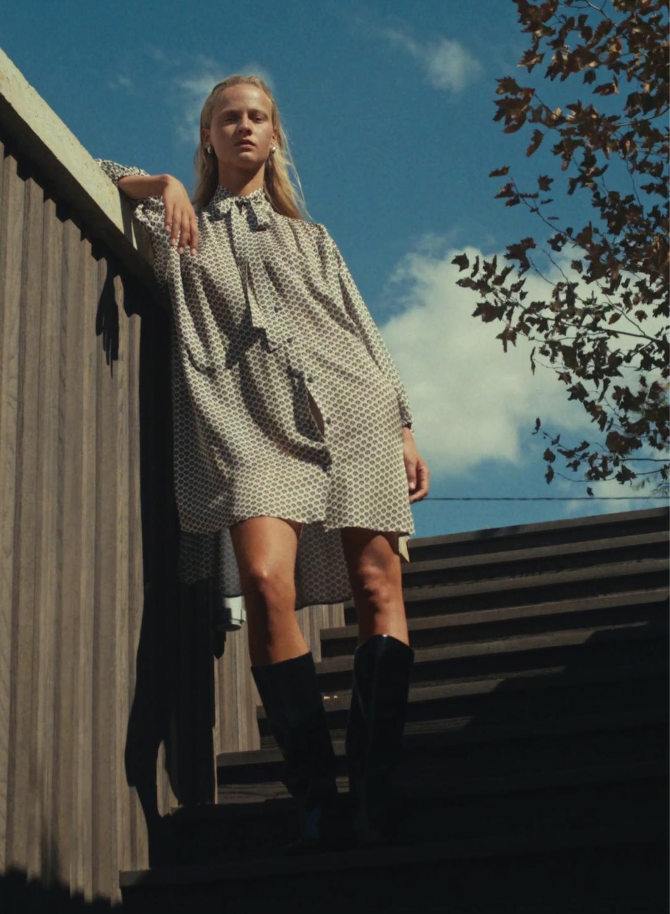 Ecru-Black chemisier printed Dress with long sleeves and with belt Milla - 2