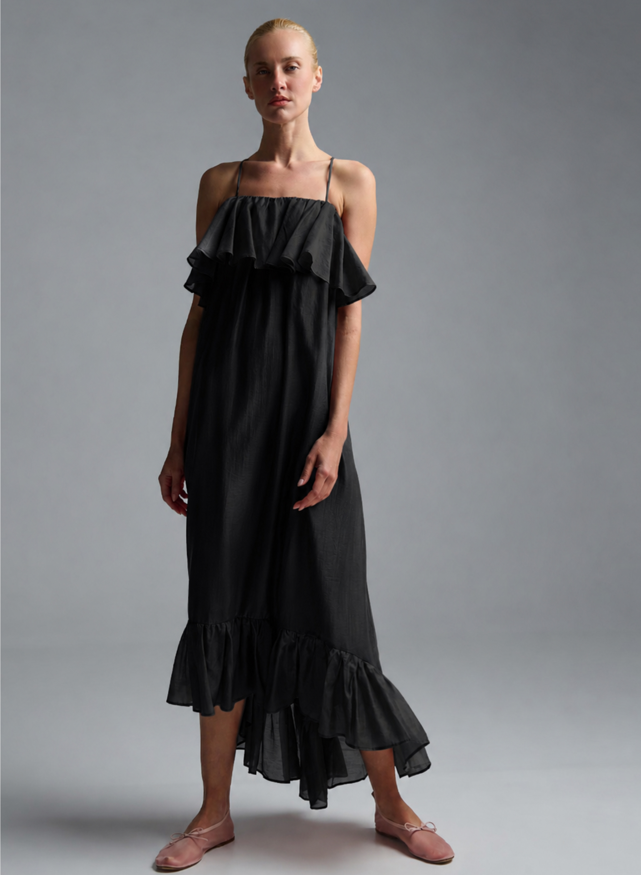Black Dress with straps and with ruffles "AURA" Devotion Twins - 0