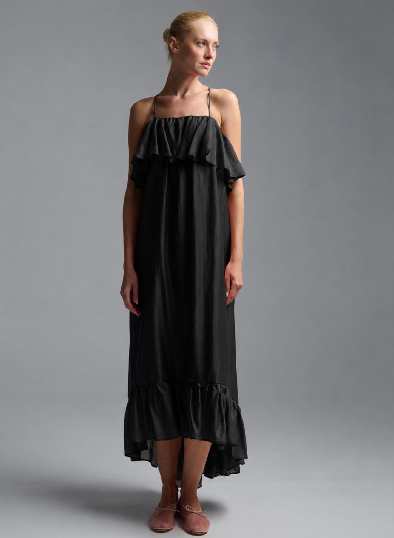Black Dress with straps and with ruffles "AURA" Devotion Twins - 3
