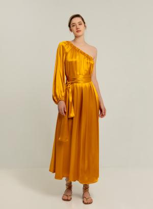 Amber silky touch long Dress with one shoulder and belt Archaic Kori - 40249