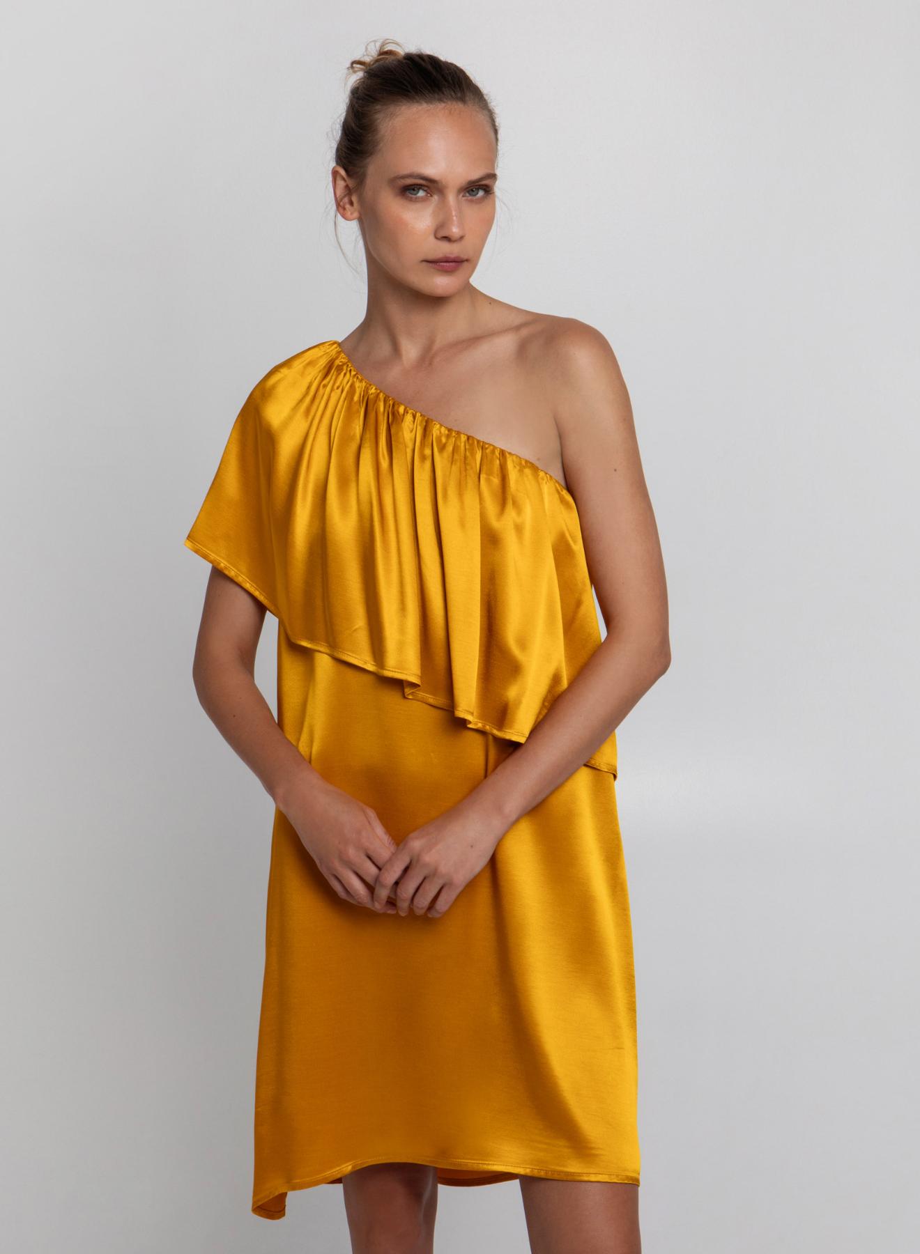 Amber silky touch Dress with one shoulder and ruffles Archaic Kori - 2