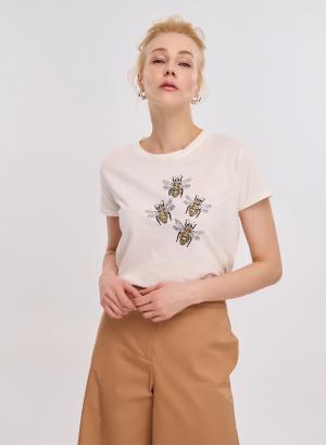 Λευκό T-Shirt με τύπωμα και στρας μέλισσες Vicolo - 29013