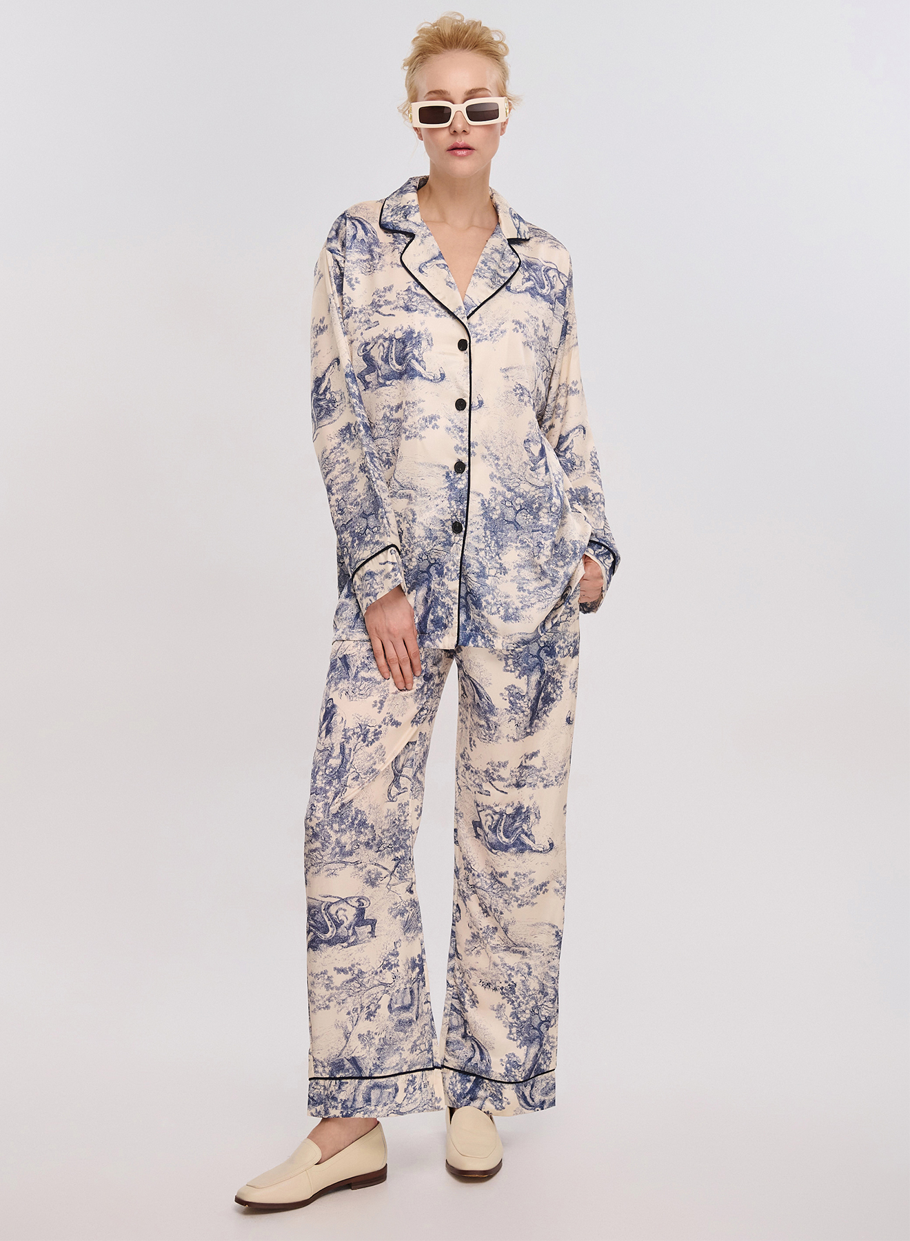 Vanilla/Light Blue silky touch Set Jacket-Trousers with print Lara - 0