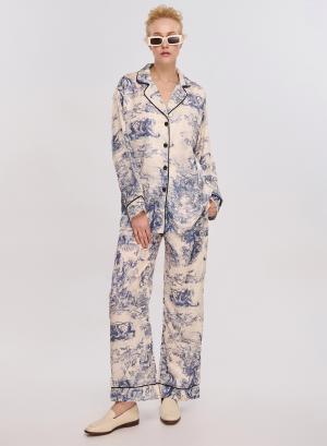 Vanilla/Light Blue silky touch Set Jacket-Trousers with print Lara - 29166