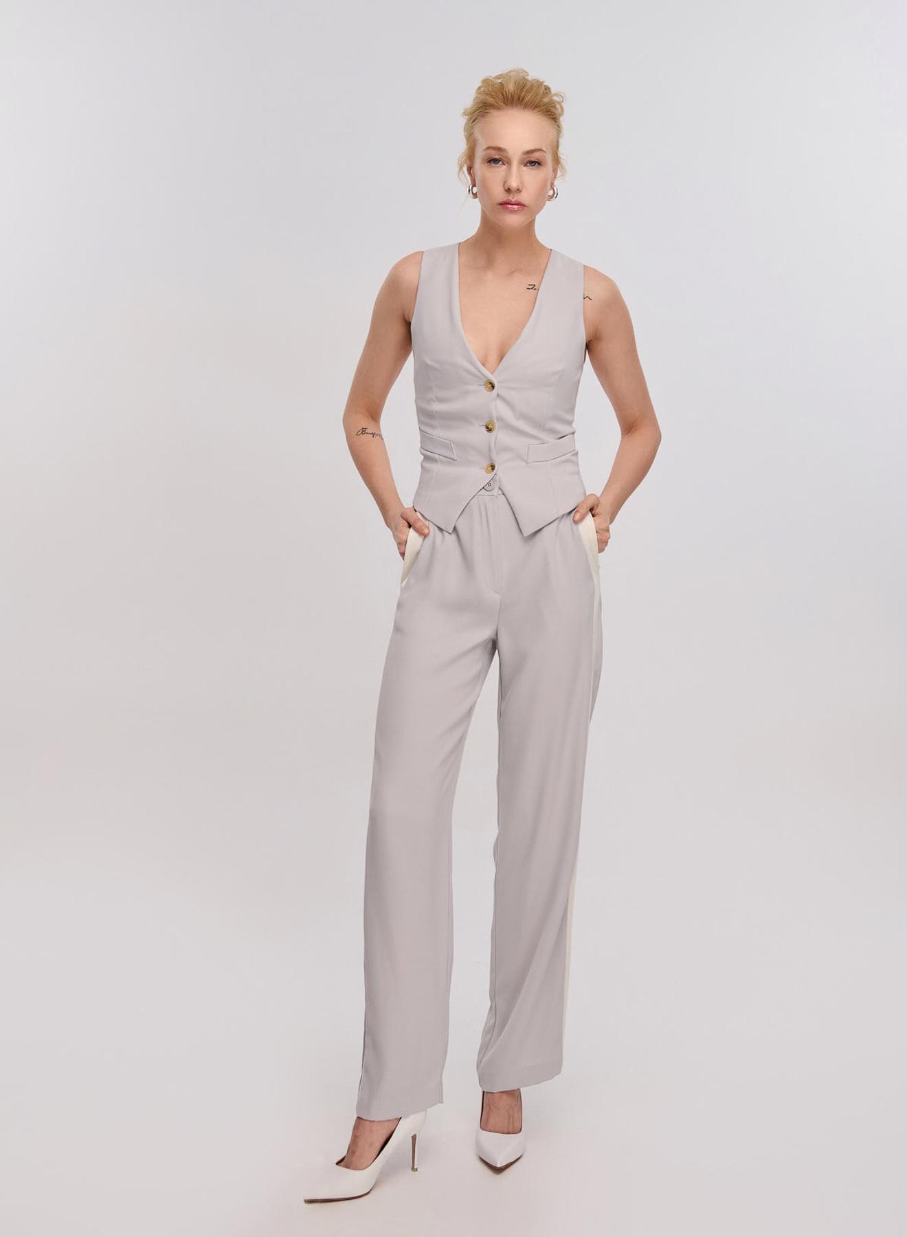 Light Grey/White straight fit Trousers with side stripe Vicolo - 5