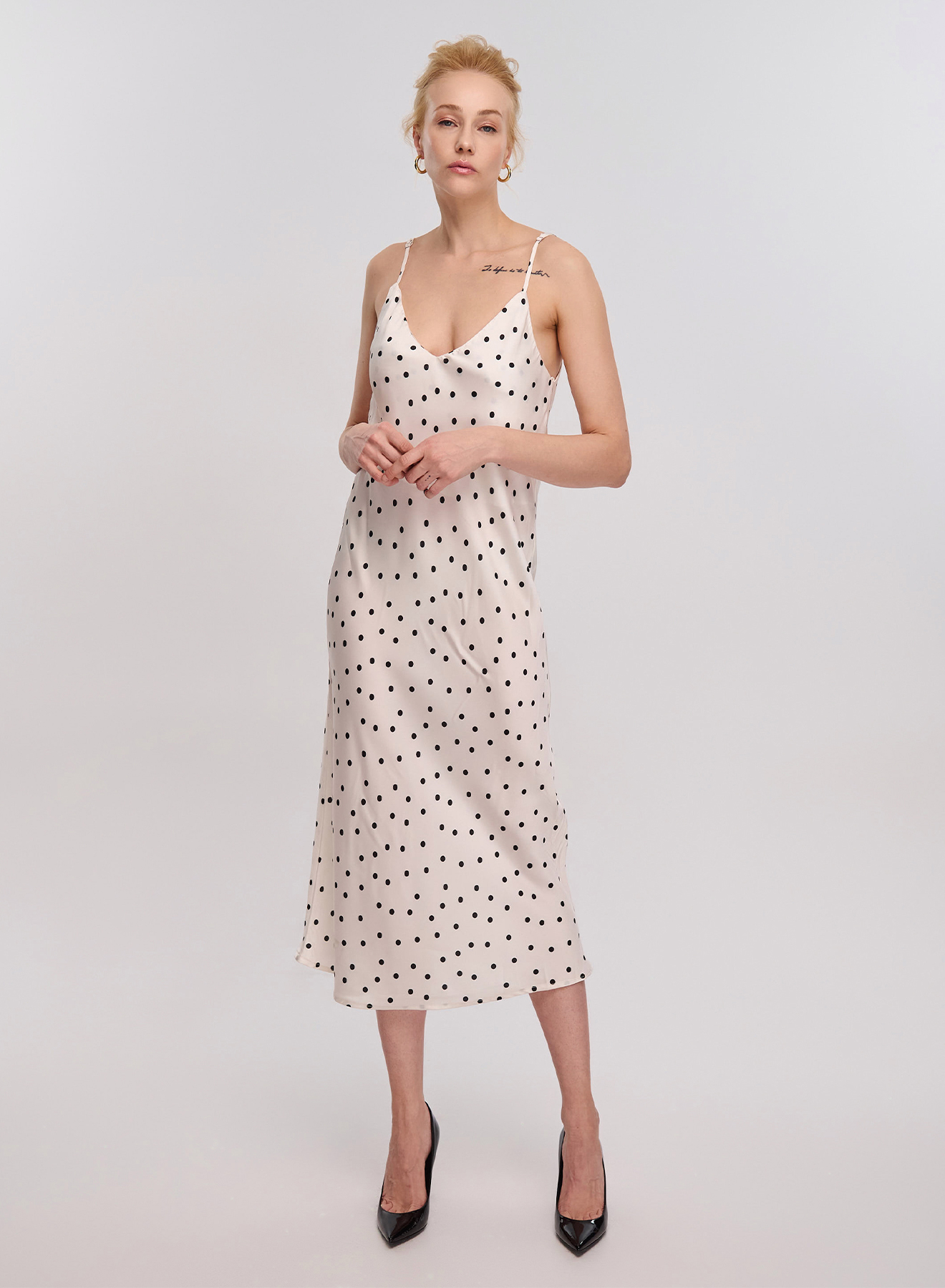 Ecru/Black silky touch long polka dot Dress with straps Vicolo - 0