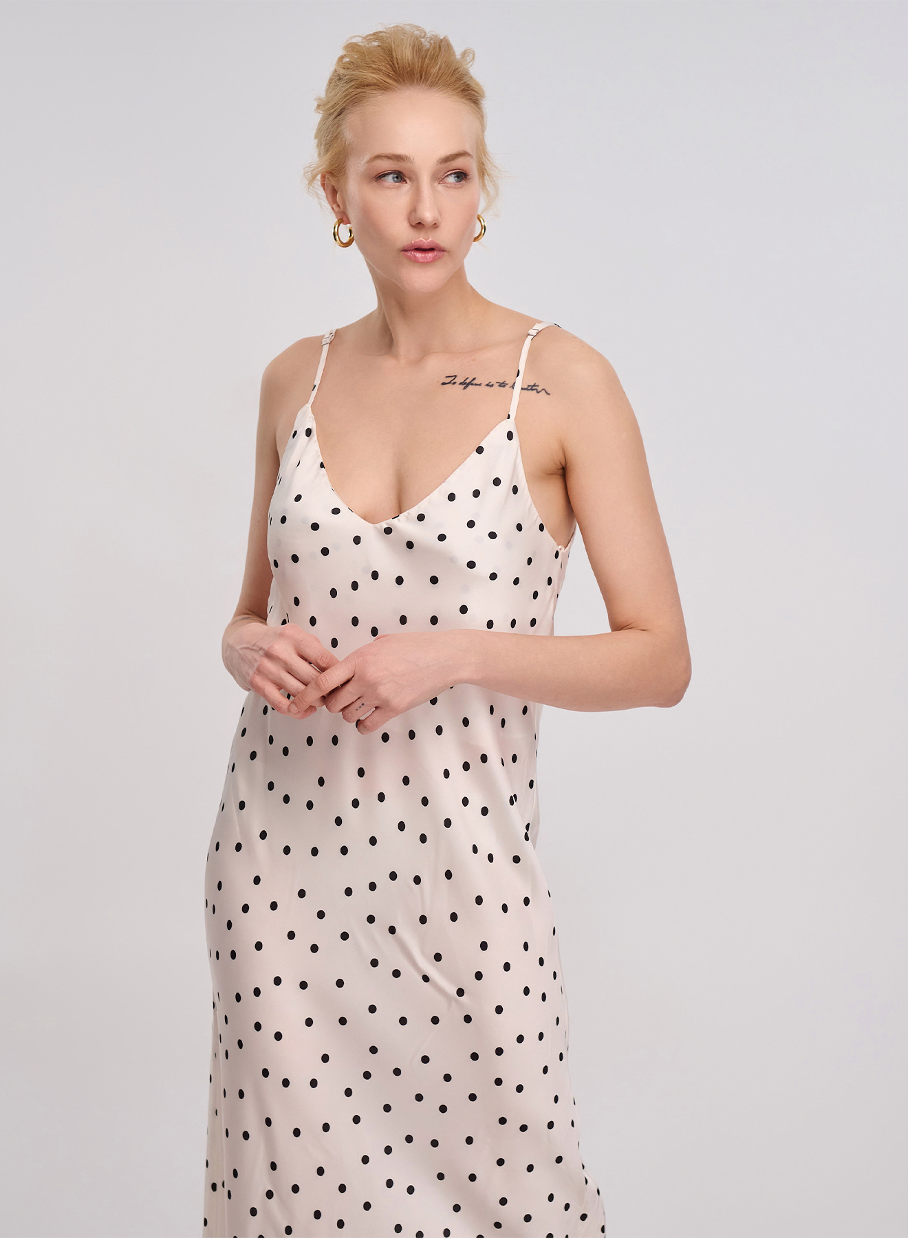 Ecru/Black silky touch long polka dot Dress with straps Vicolo - 2