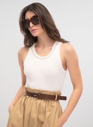 Λευκό Tank Top με μίνι κρύσταλλα και μίνι πέρλες στη λαιμόκοψη Emme Marella - 41426