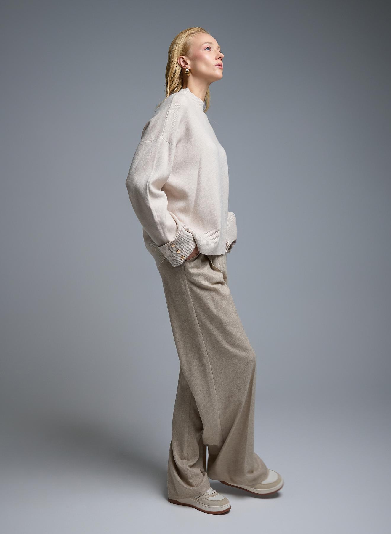 Ecru loose fit Sweater with high neck and turned up sleeves with golden buttons Lara - 3