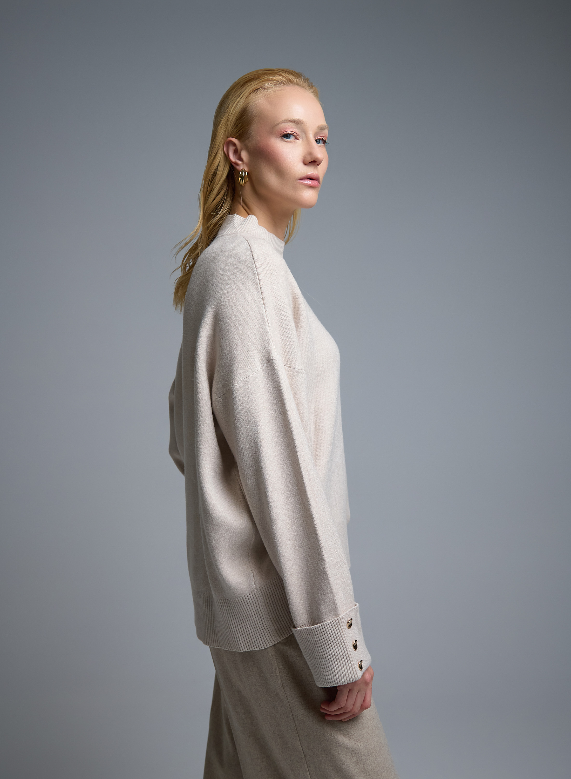 Ecru loose fit Sweater with high neck and turned up sleeves with golden buttons Lara - 0
