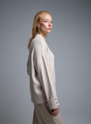 Ecru loose fit Sweater with high neck and turned up sleeves with golden buttons Lara - 50920