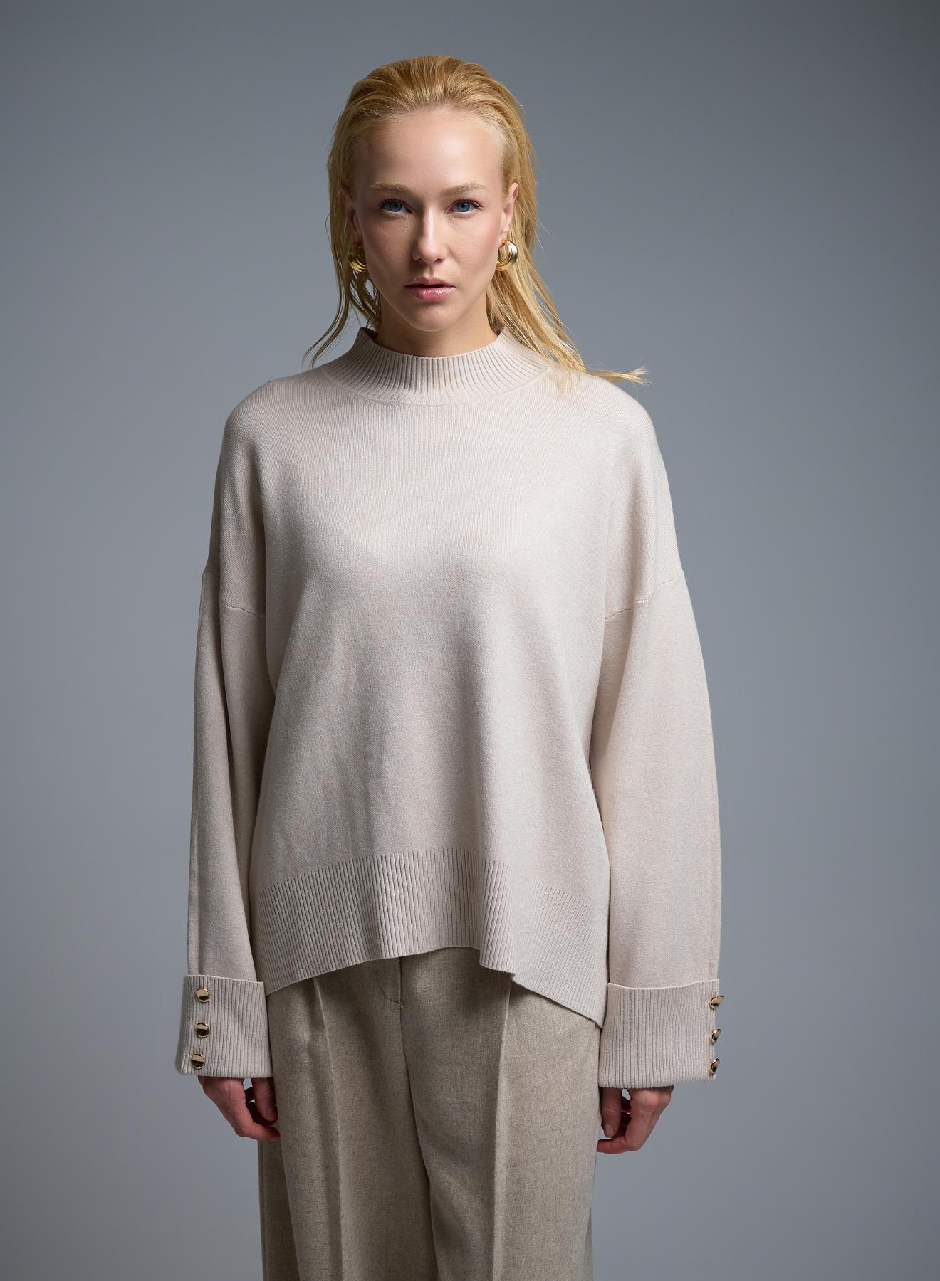Ecru loose fit Sweater with high neck and turned up sleeves with golden buttons Lara - 4