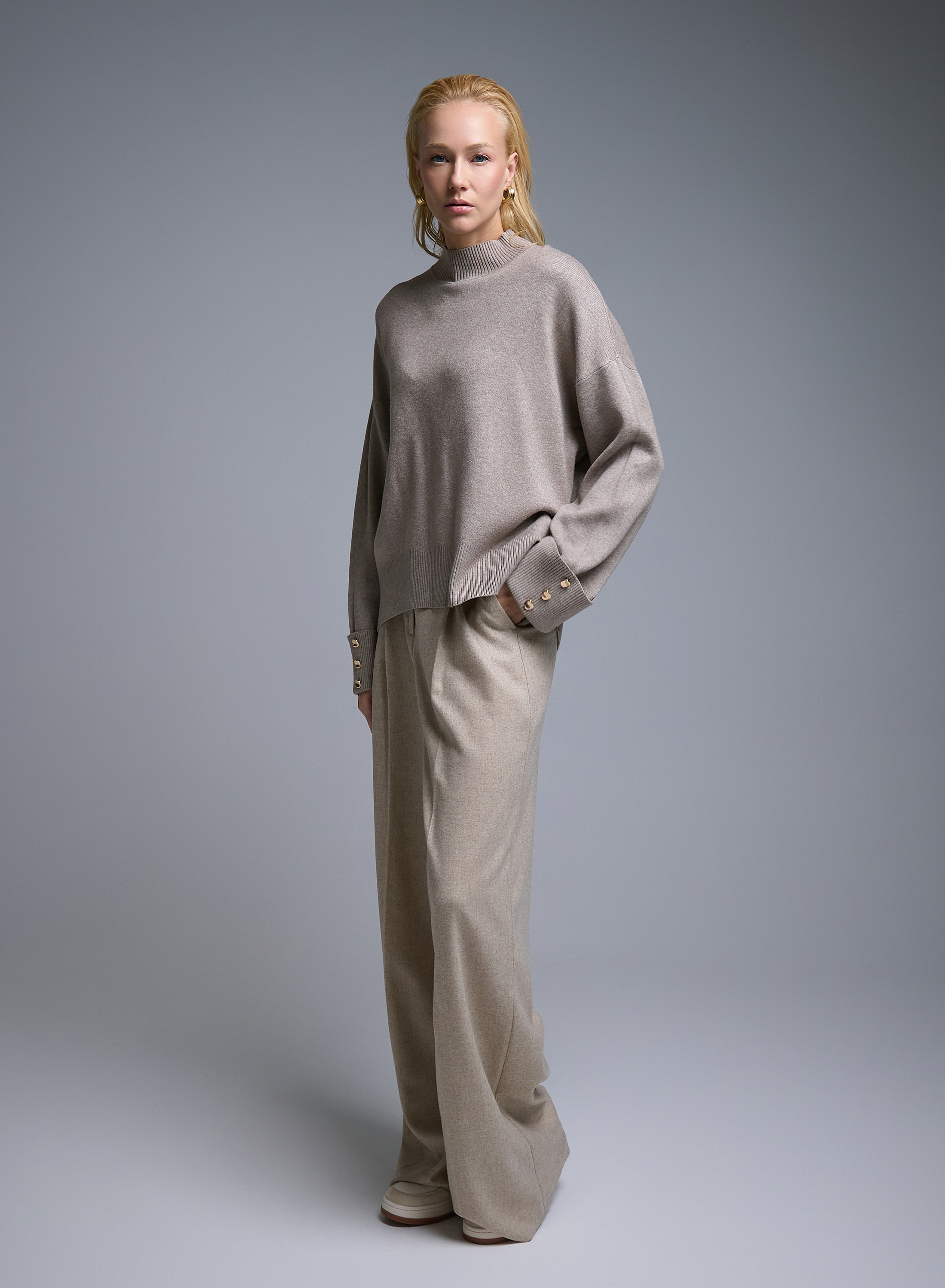 Taupe loose fit Sweater with high neck and turned up sleeves with golden buttons Lara - 3
