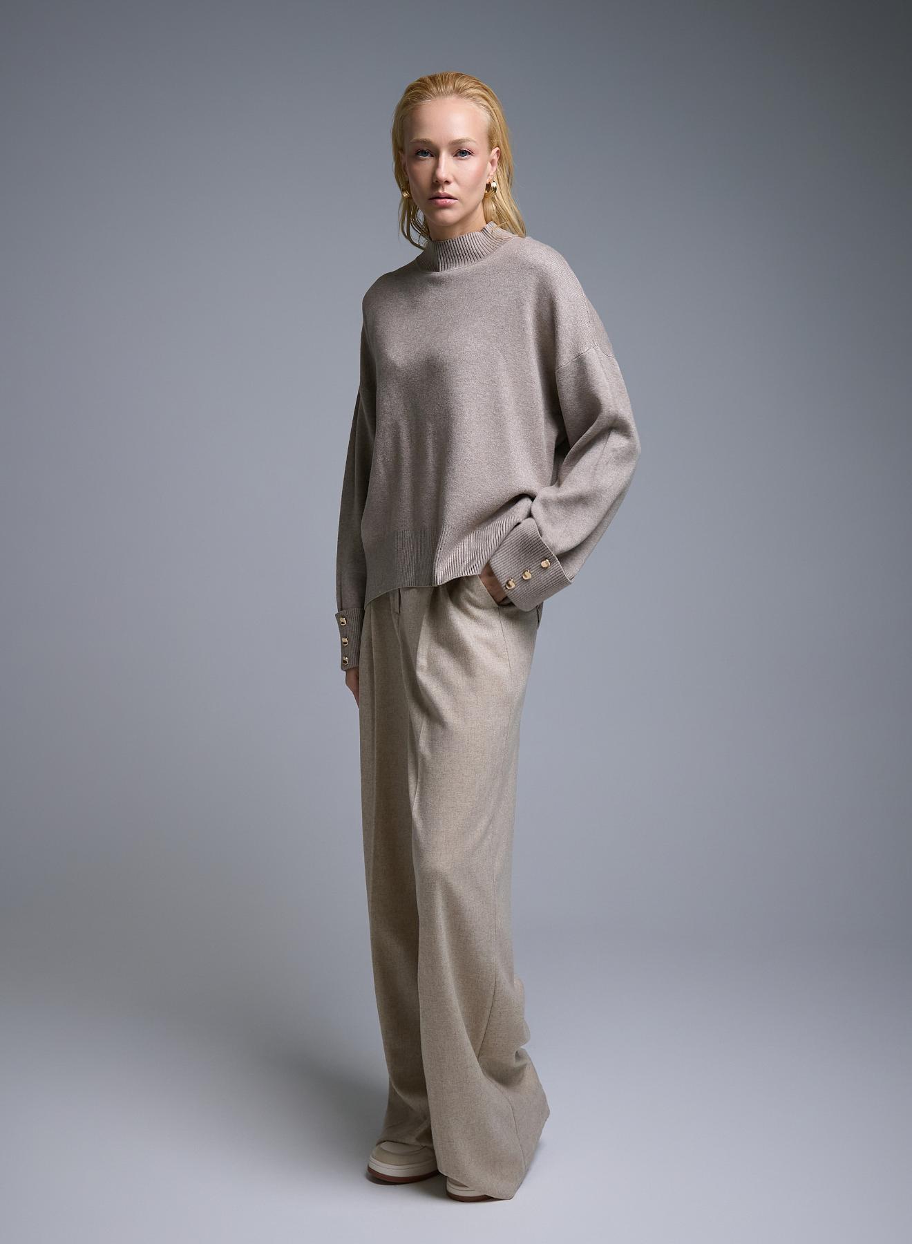 Taupe loose fit Sweater with high neck and turned up sleeves with golden buttons Lara - 4