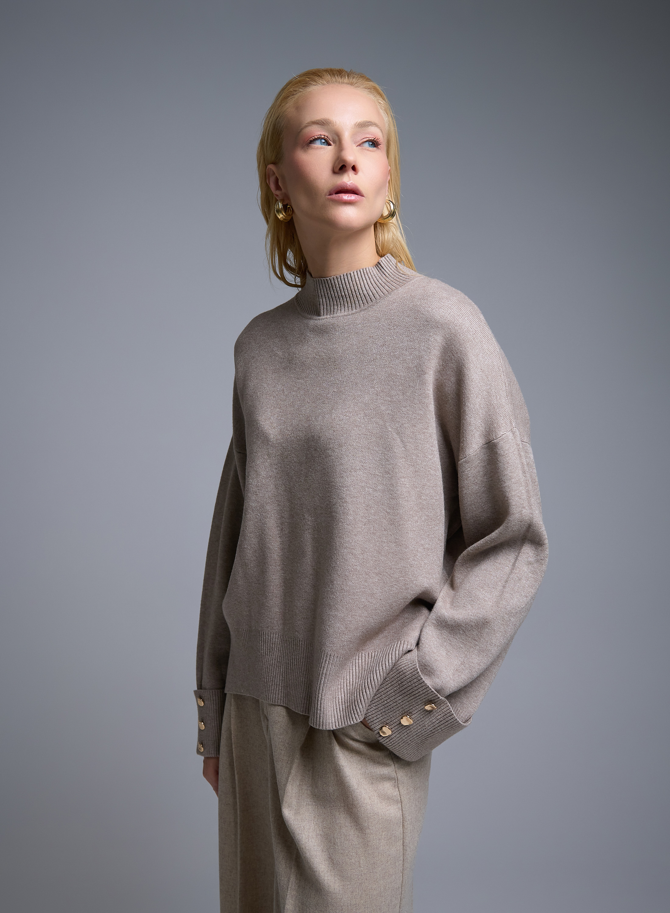 Taupe loose fit Sweater with high neck and turned up sleeves with golden buttons Lara - 0