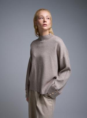 Taupe loose fit Sweater with high neck and turned up sleeves with golden buttons Lara - 50946