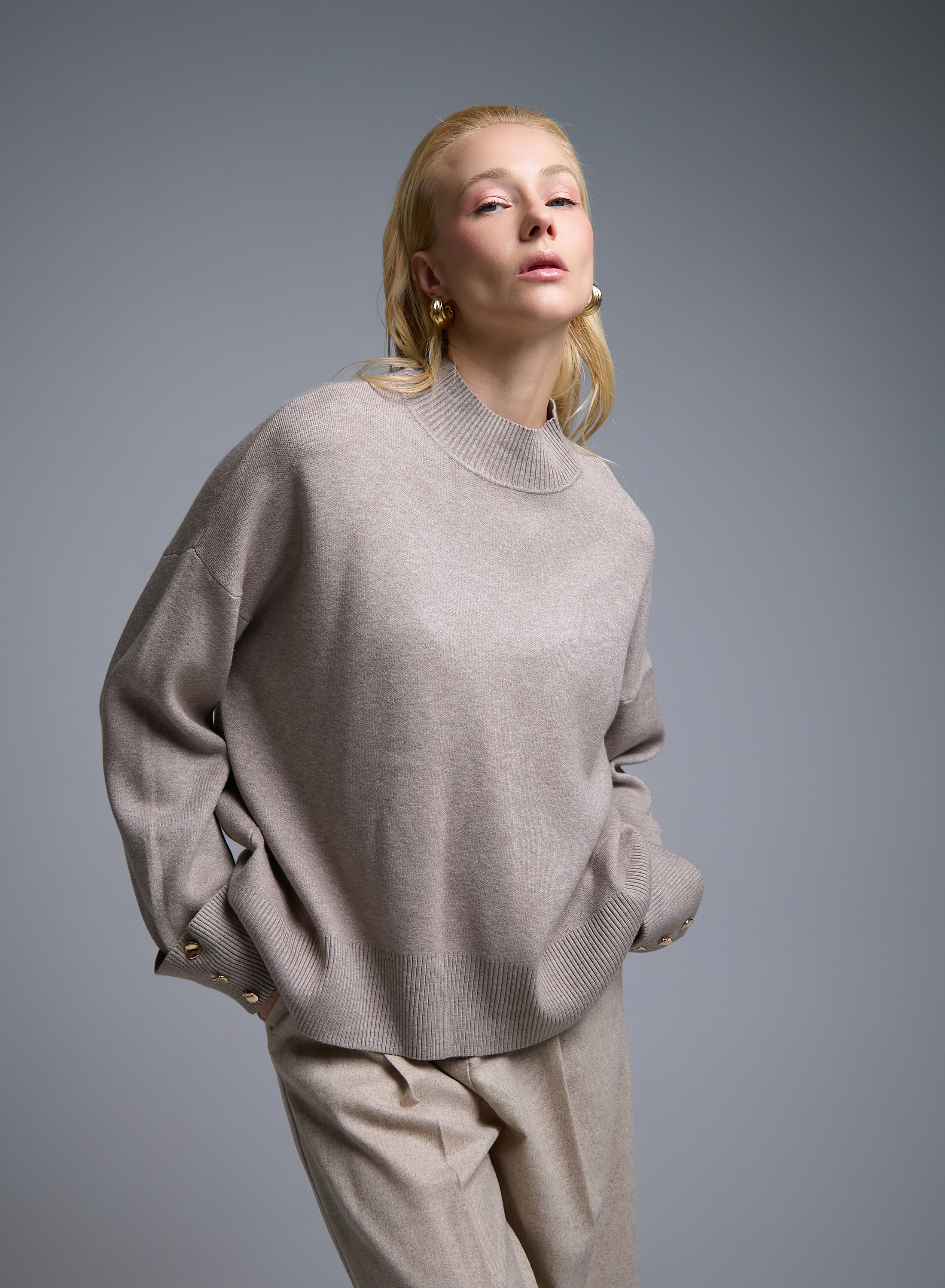 Taupe loose fit Sweater with high neck and turned up sleeves with golden buttons Lara - 4