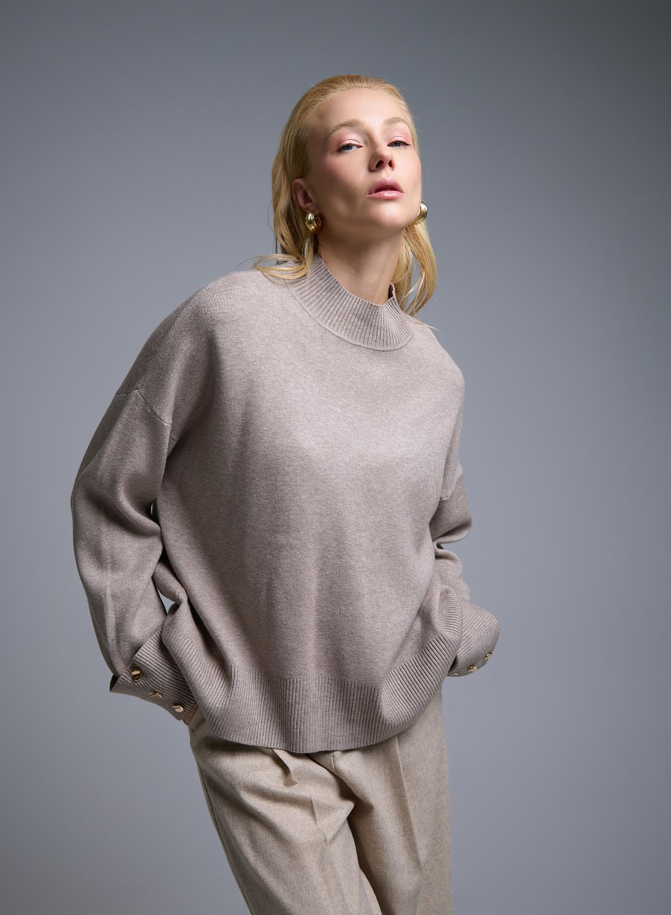 Taupe loose fit Sweater with high neck and turned up sleeves with golden buttons Lara - 5