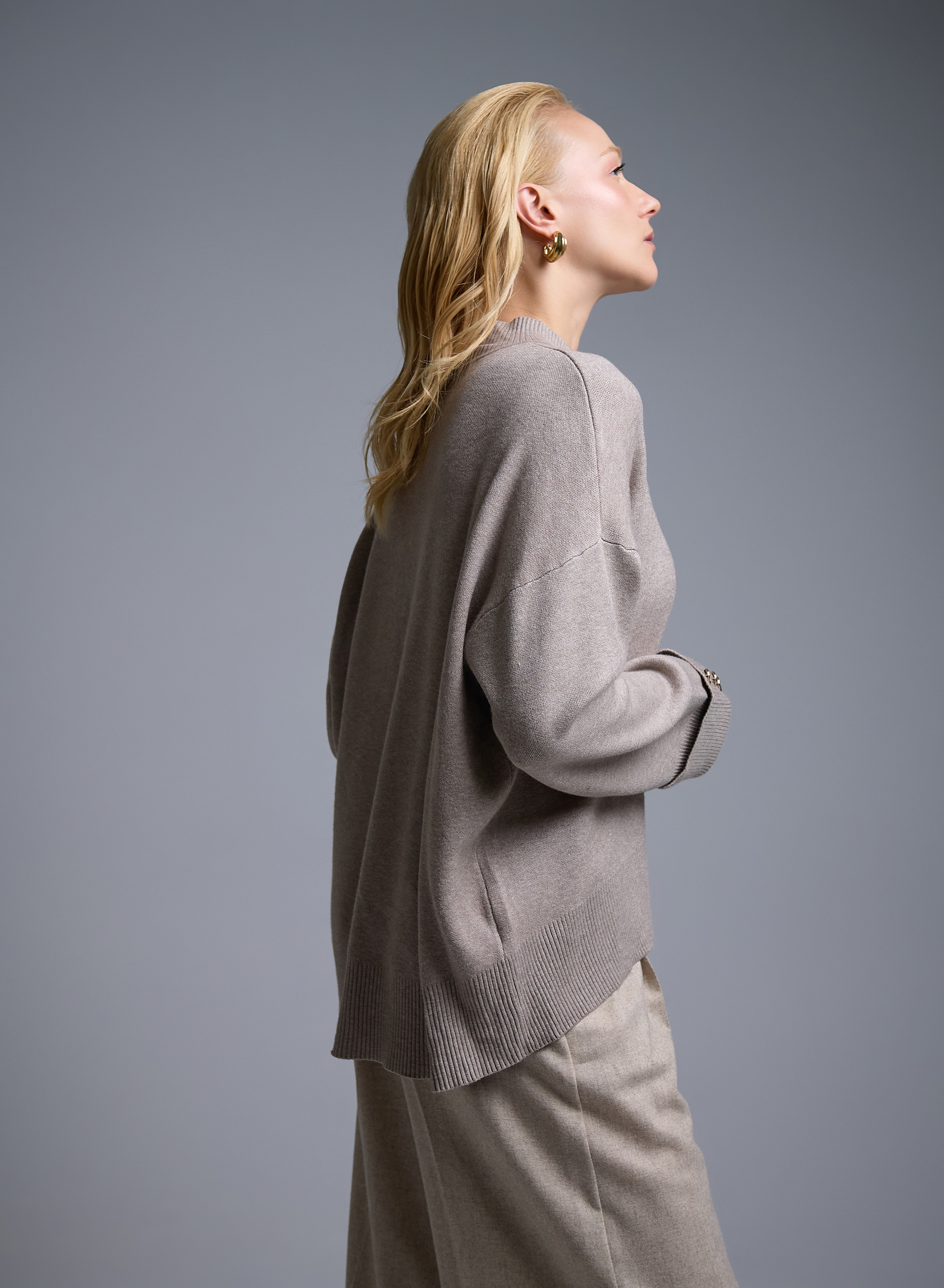 Taupe loose fit Sweater with high neck and turned up sleeves with golden buttons Lara - 5