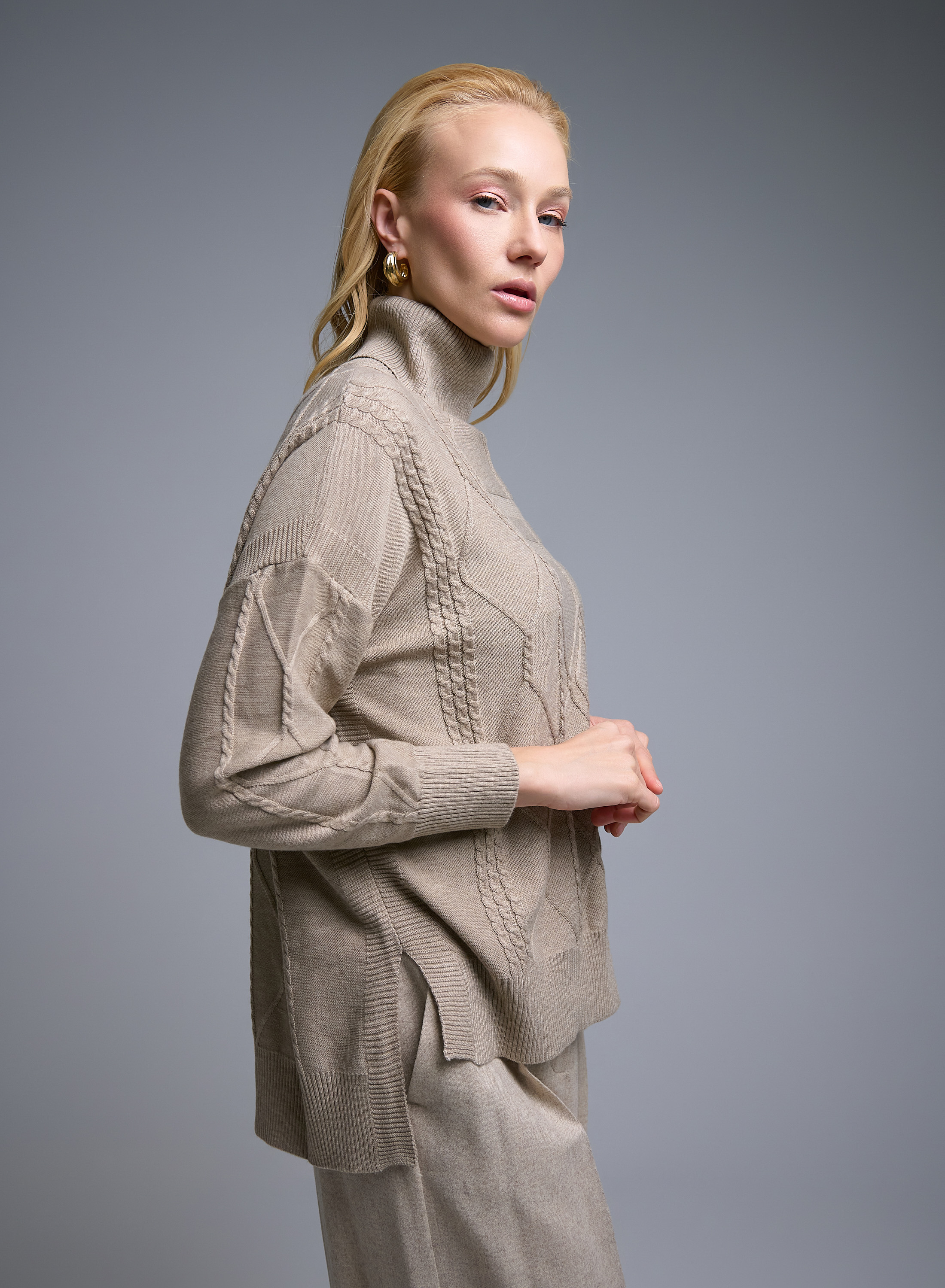 Taupe  turtleneck Sweater with textured details See - 2