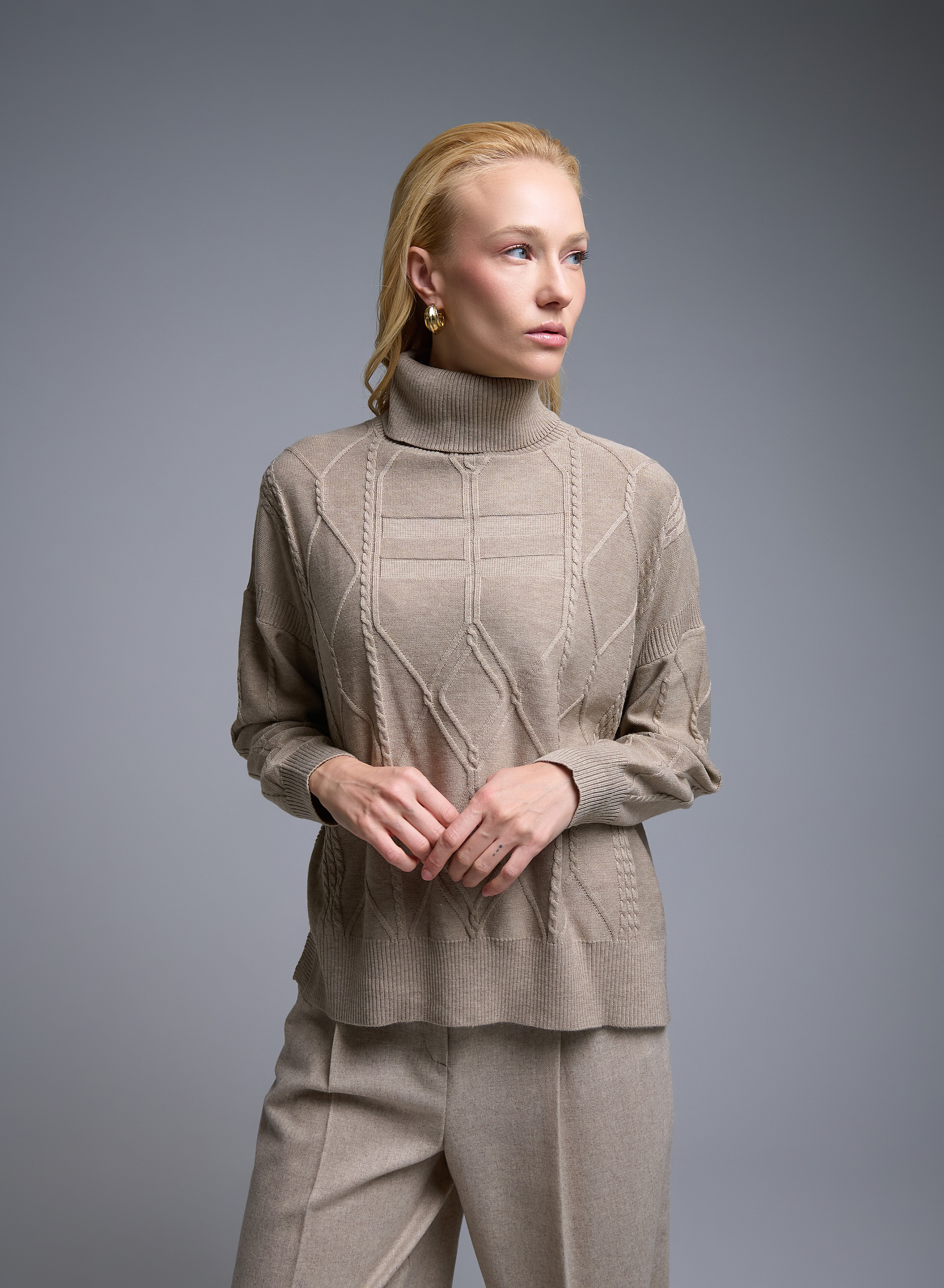 Taupe  turtleneck Sweater with textured details See - 1