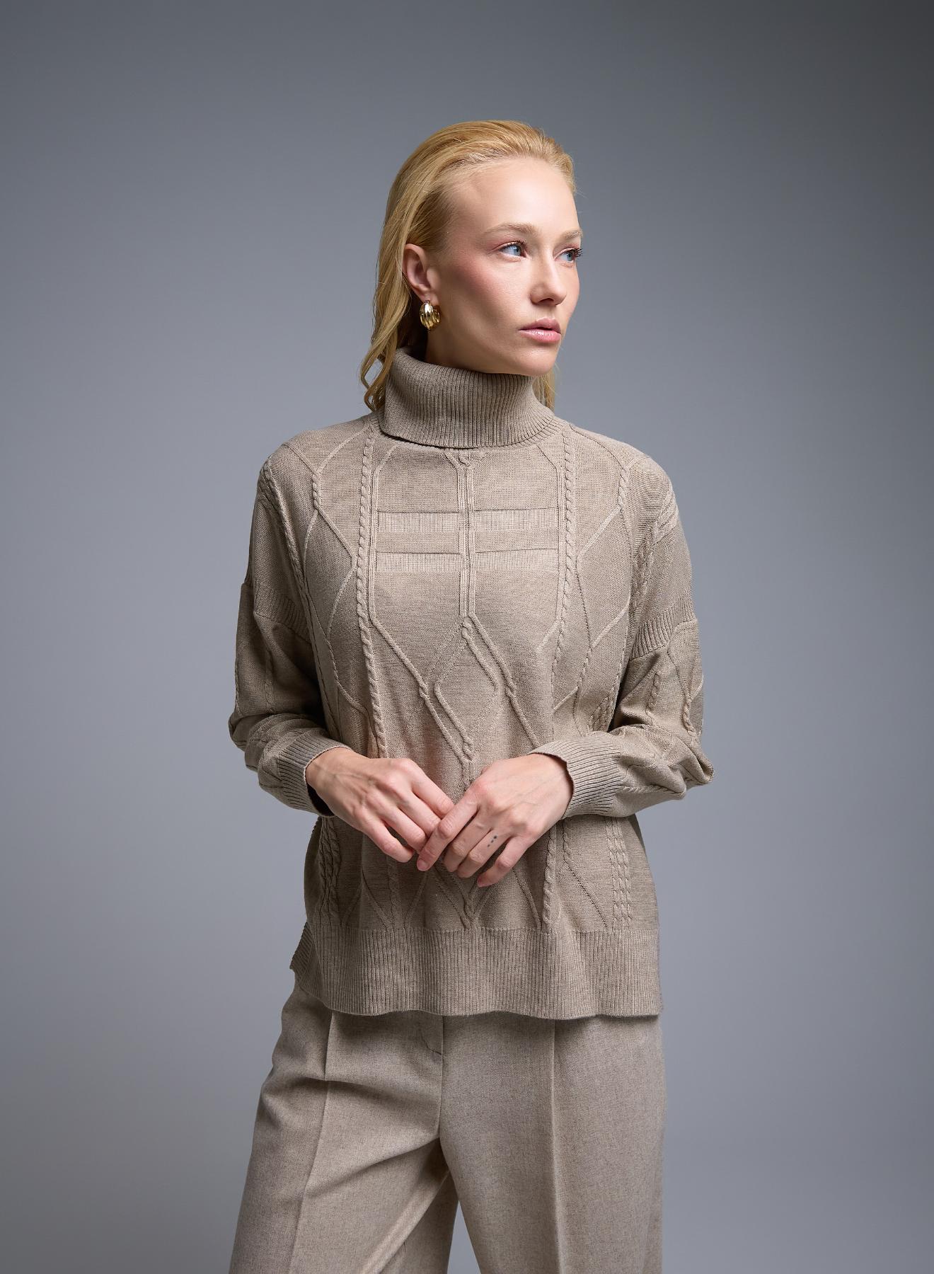 Taupe  turtleneck Sweater with textured details See - 2