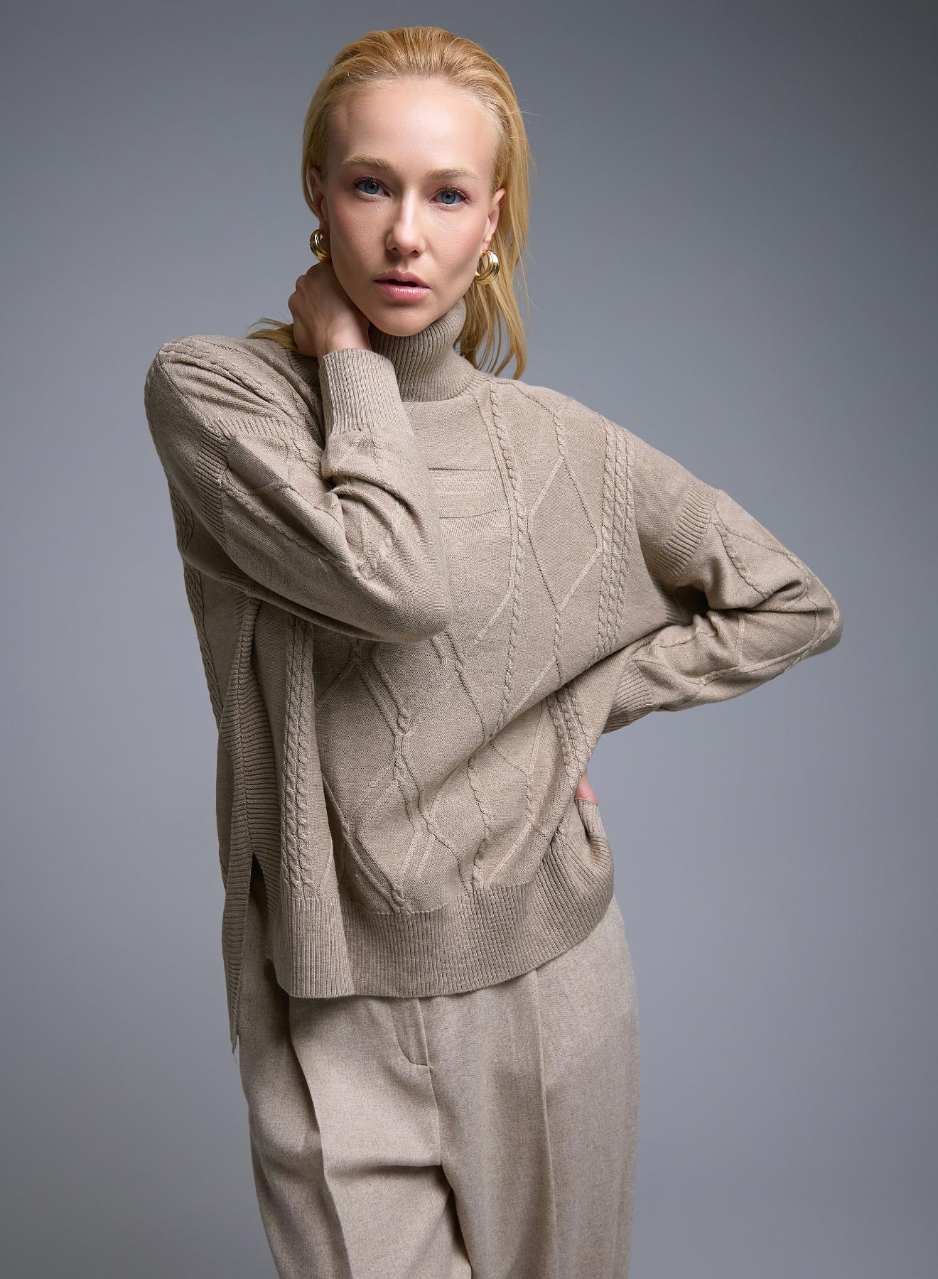 Taupe  turtleneck Sweater with textured details See - 4