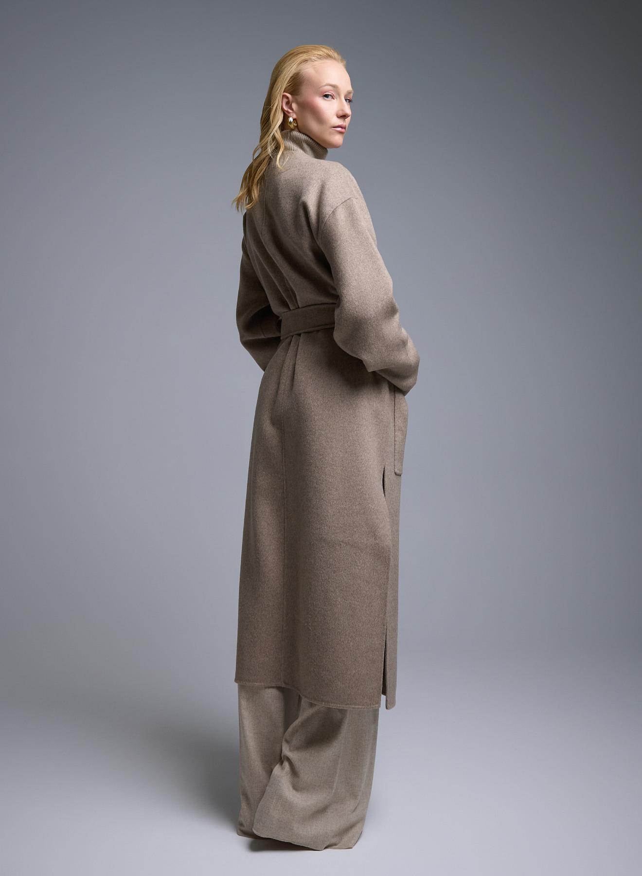 Taupe belted Coat with round neckline, front pockets and with side slits Milla - 5