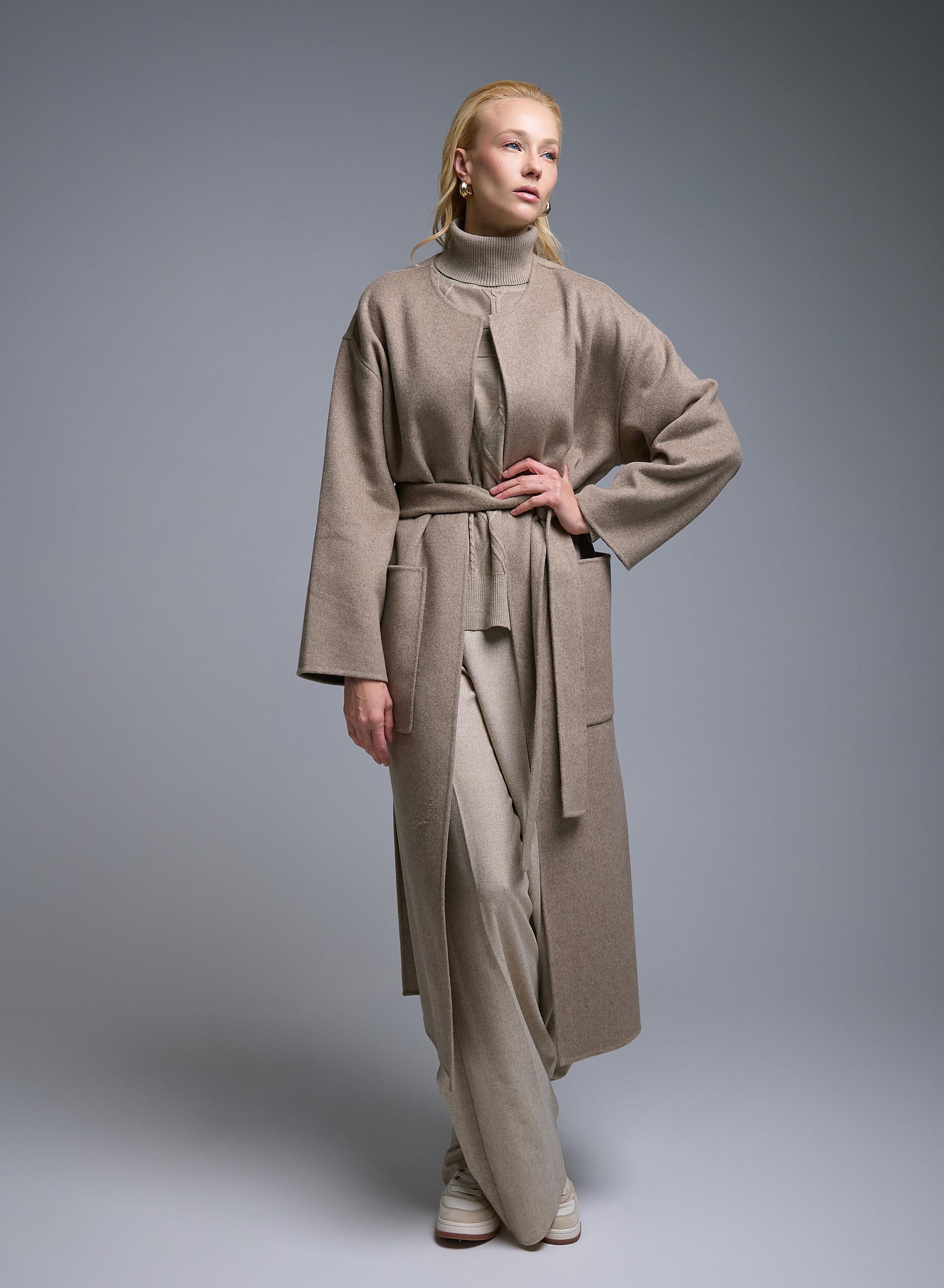 Taupe belted Coat with round neckline, front pockets and with side slits Milla - 1