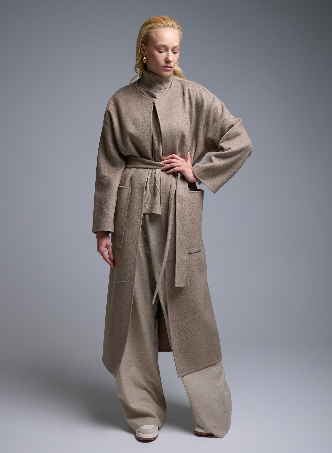 Taupe belted Coat with round neckline, front pockets and with side slits Milla - 1