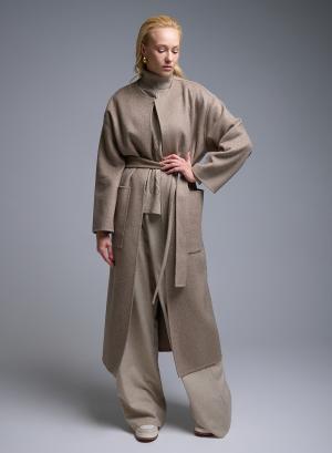 Taupe belted Coat with round neckline, front pockets and with side slits Milla - 50872
